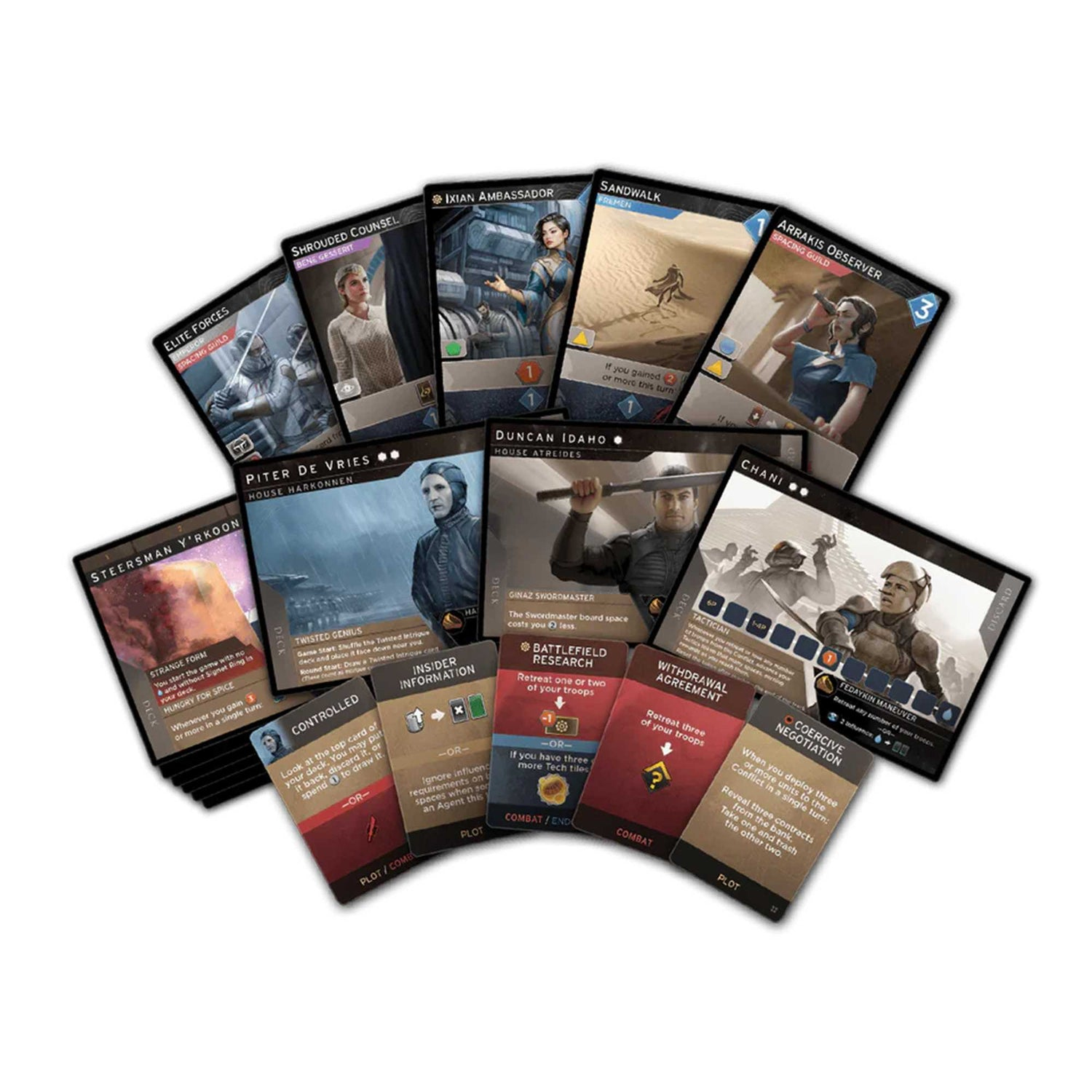 Eine Sammlung von Dune-Brettspielkarten mit Charakteren, Landschaften und Aktionsaufforderungen, die auf einer Oberfläche verteilt sind.
