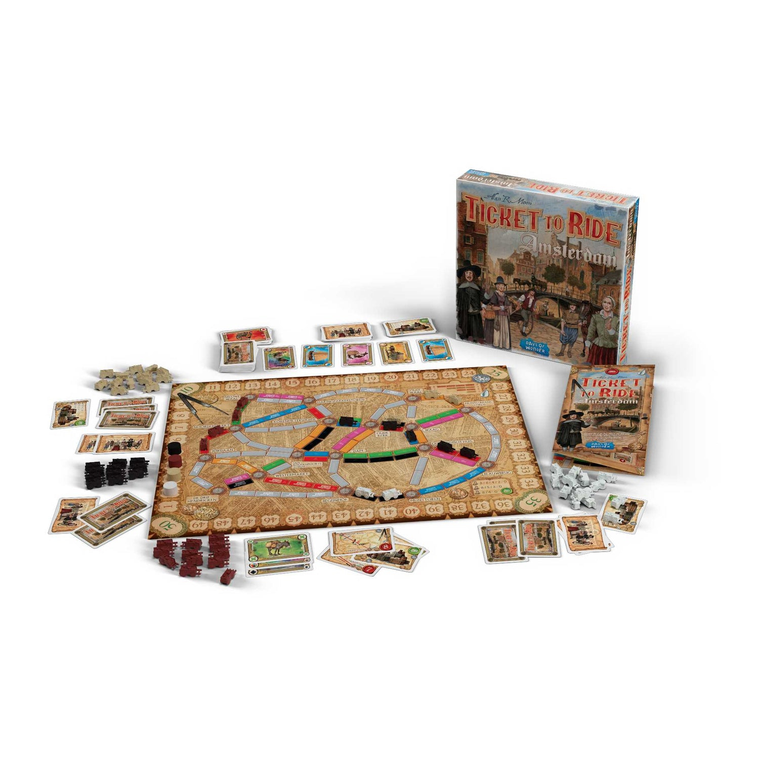 Das Brettspiel 'Ticket to Ride Amsterdam' wird gezeigt, mit Karten, Zügen und einem Spielbrett mit Routen und Städtenamen.
