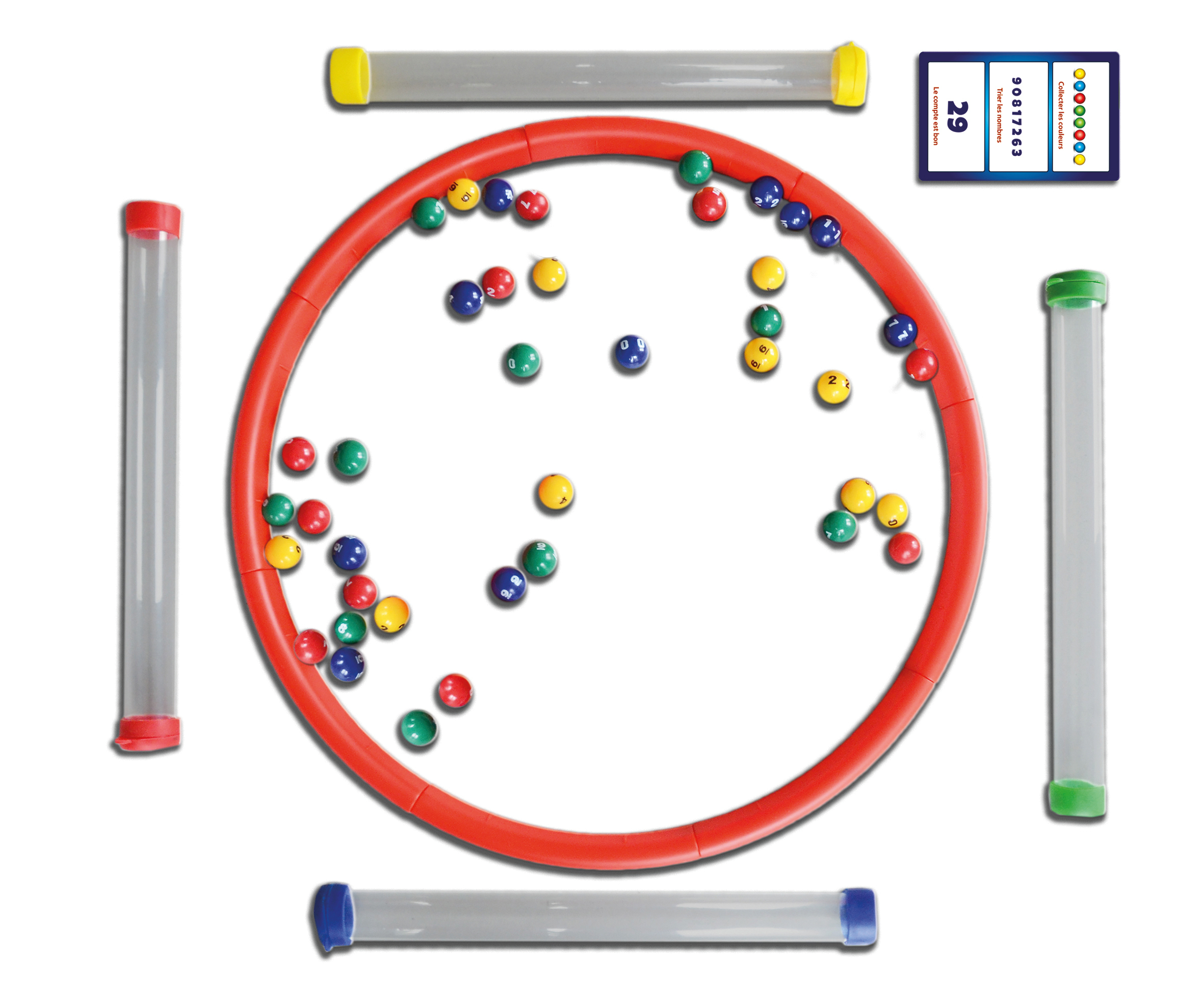 Ein Spiel mit Kugeln in einem roten Ring, Röhren und einer Karte mit Zahlen und Farben.