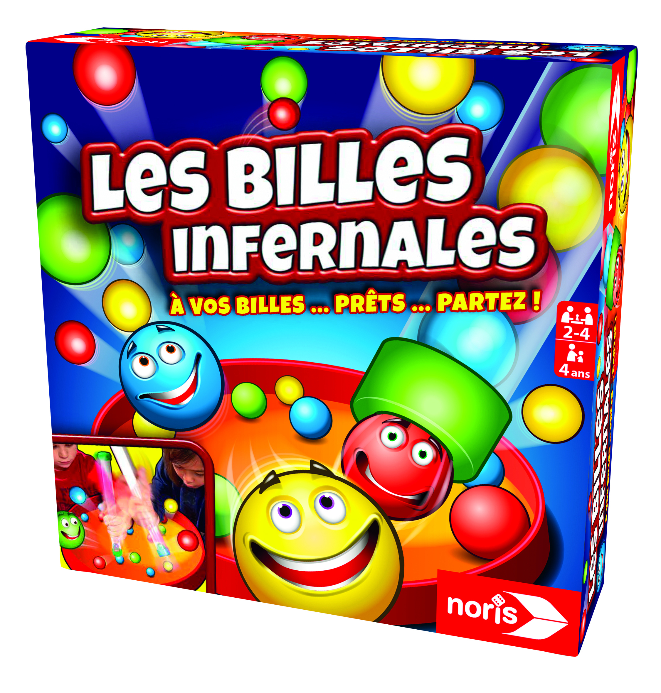 Spielbox mit lächelnden Bällen. Text lautet 'Les Billes Infernales'. Bälle sind rot, gelb, grün und blau. Enthält das Noris-Logo.