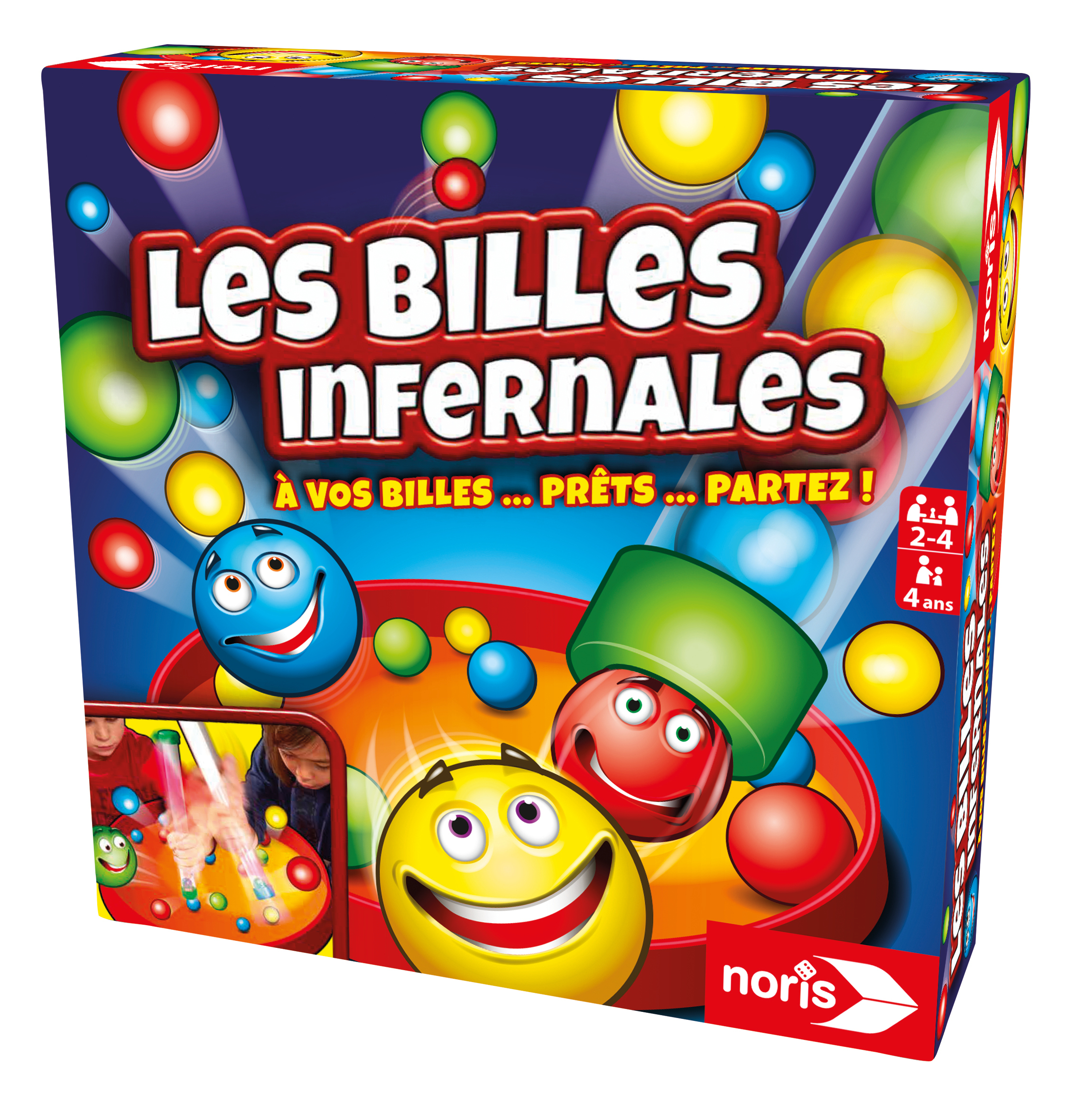 Schachtelkunst für ein Spiel namens 'Les Billes Infernales'. Enthält Cartoon-Bälle mit Gesichtern. Blauer Hintergrund mit rotem Text.