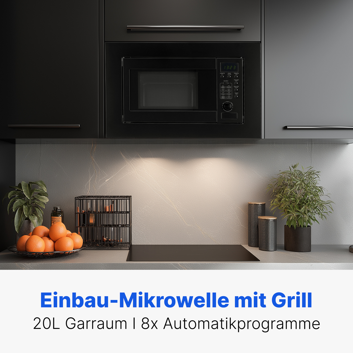 Eine moderne Küche zeigt eine eingebaute Mikrowelle über einer Arbeitsplatte mit Orangen, Pflanzen und dekorativen Gegenständen. Die Mikrowelle zeigt die Uhrzeit.