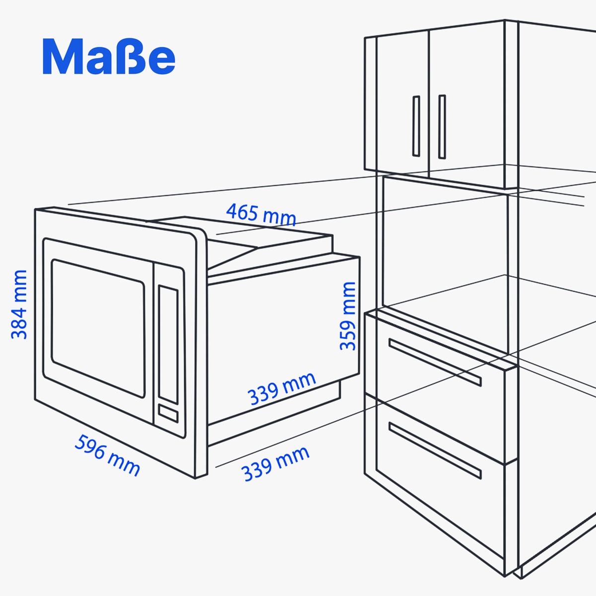 Eine schematische Darstellung einer Mikrowelle und Schränken mit angegebenen Abmessungen in mm. Text 'Maße' oben links in Blau.