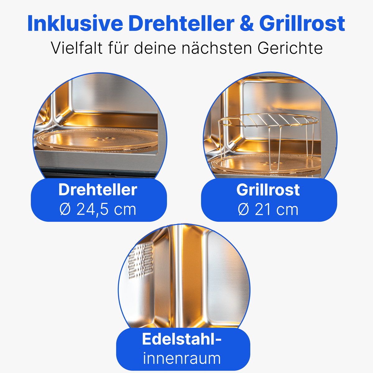 Das Bild zeigt eine Mikrowelle mit Drehteller, Grill und Edelstahl-Innenraum. Text weist auf diese Merkmale hin.