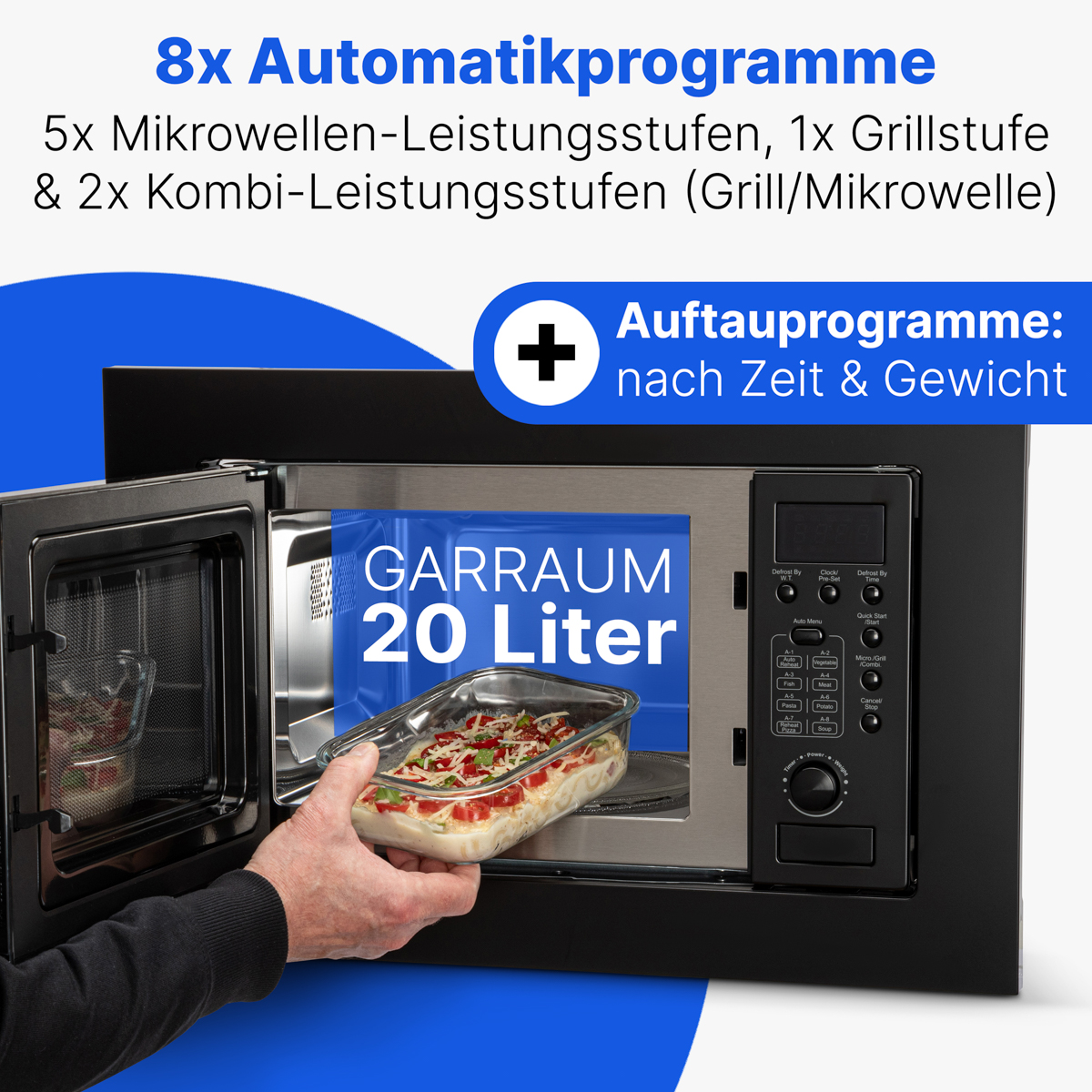 Ein Mikrowellenherd mit offener Tür, eine Hand, die Essen hält, und Bedienknöpfe sind sichtbar.