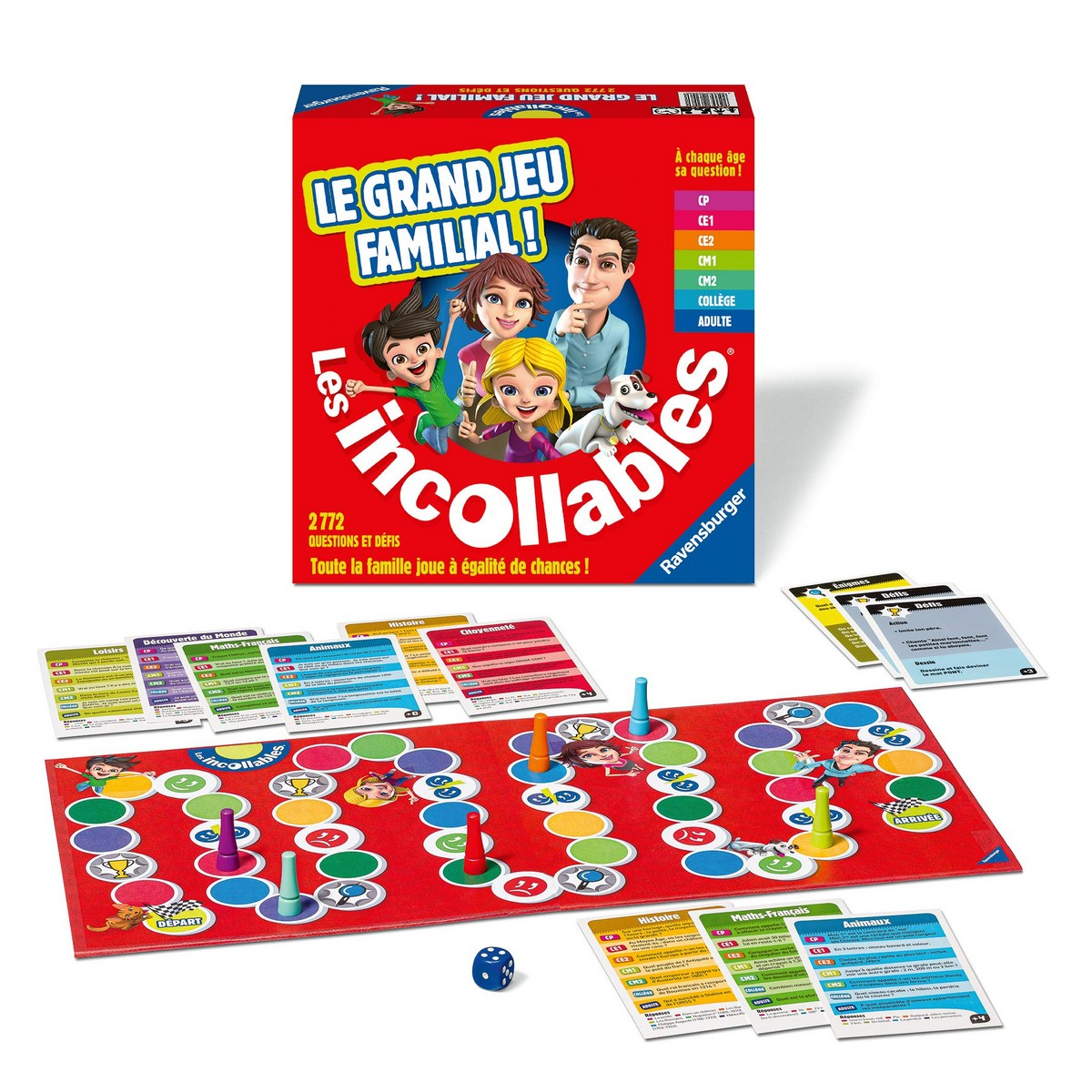 Een familiespel met een rood bord, kaarten, pionnen en dobbelstenen. De doos bevat stripfiguren.