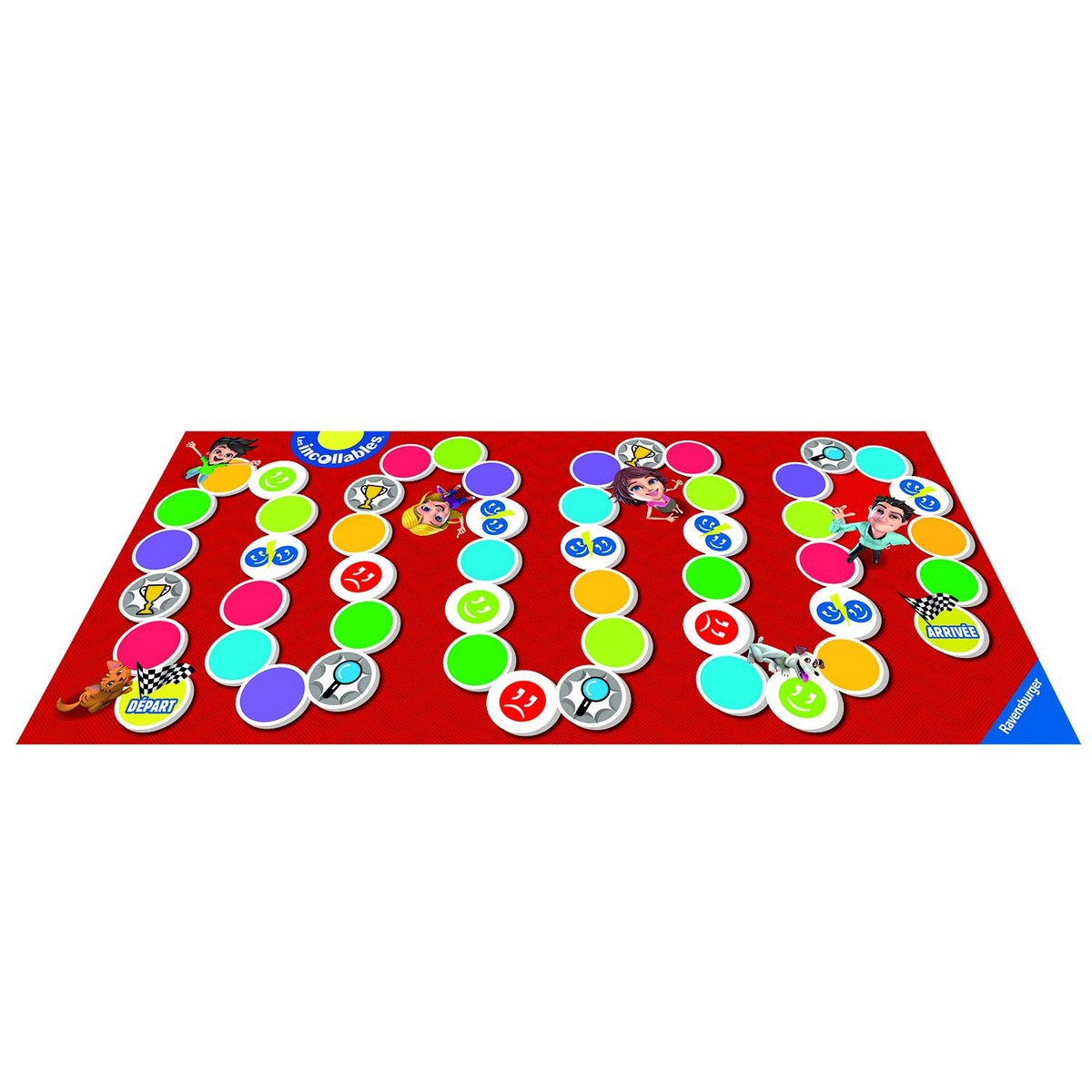 Een bordspel met kleurrijke cirkels die het woord 'DODO' vormen. Personages en pionnen op een rode achtergrond.
