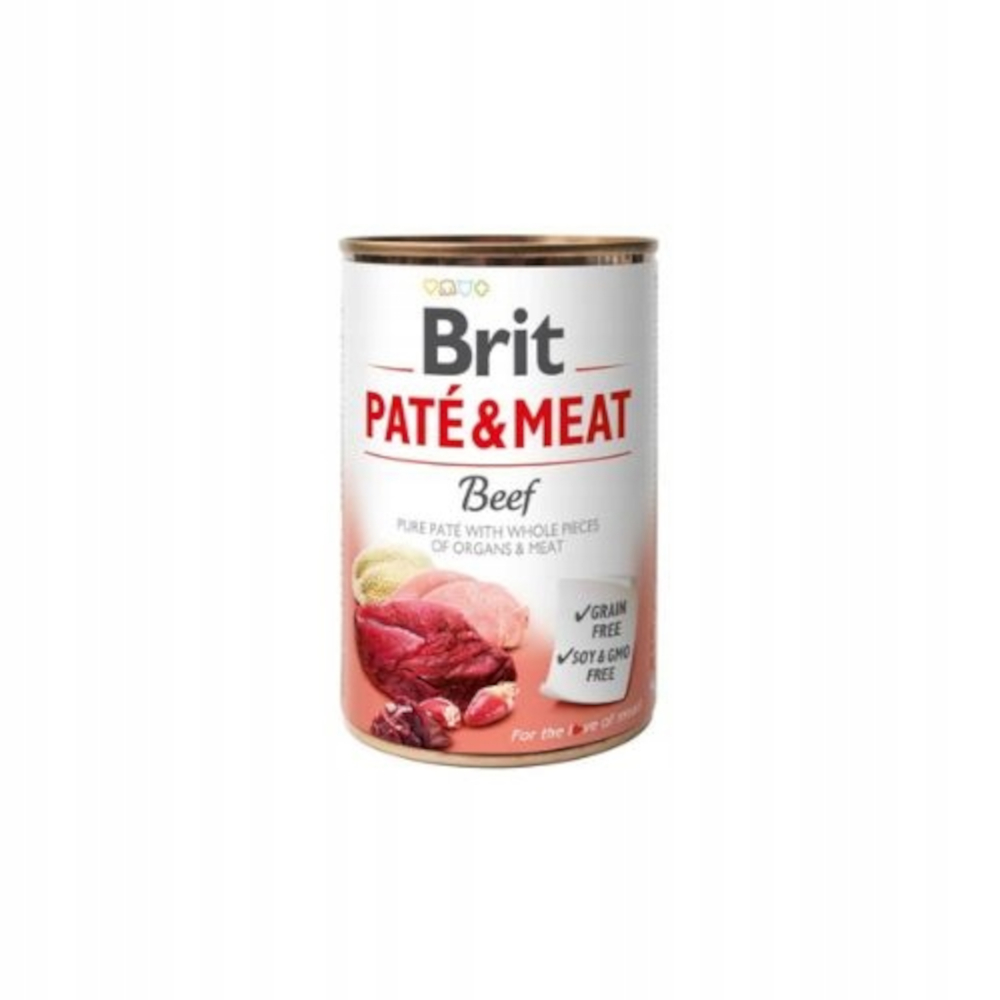 Puszka Brit Paté & Meat, smak wołowy. Pokazuje kawałki mięsa i podkreśla brak zbóż, soi i GMO. Białe tło.