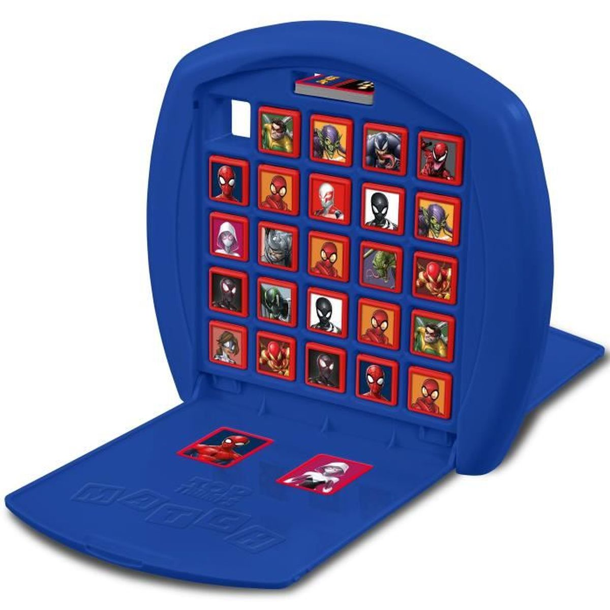 Ein blaues Wer bin ich?-Spiel mit Spider-Man-Figuren. Das Spiel ist offen und zeigt die Charakterkarten und die beiden Auswahlkarten.