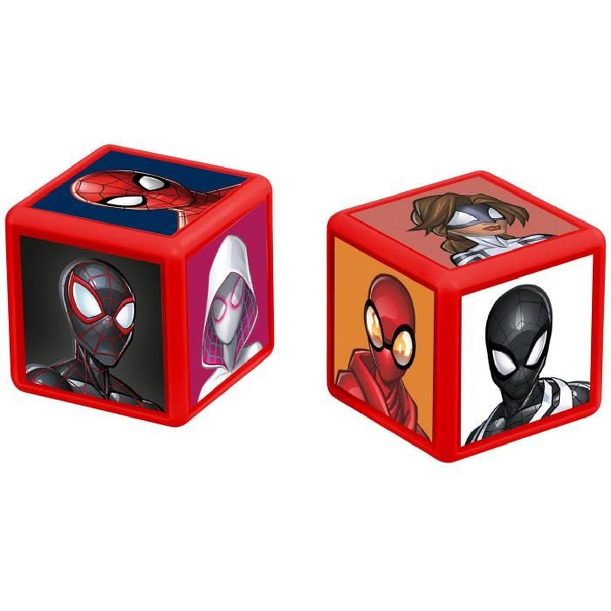 Zwei rote Würfel mit Spider-Man-Charakteren auf jeder Seite. Ein Würfel zeigt Miles Morales, Spider-Gwen und Spider-Man.