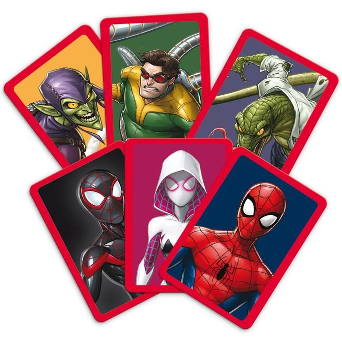 Karten mit Spider-Man-Charakteren: Goblin, Doc Ock, Lizard, Miles Morales, Spider-Gwen und Spider-Man. Rote Ränder.