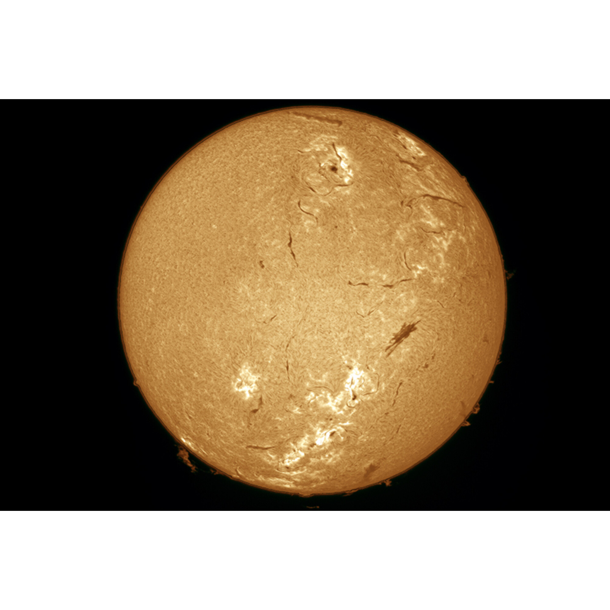 Die Sonne, eine große, leuchtend orangefarbene Kugel, dominiert einen schwarzen Hintergrund. Oberflächendetails sind dunkle Flecken und Filamente.
