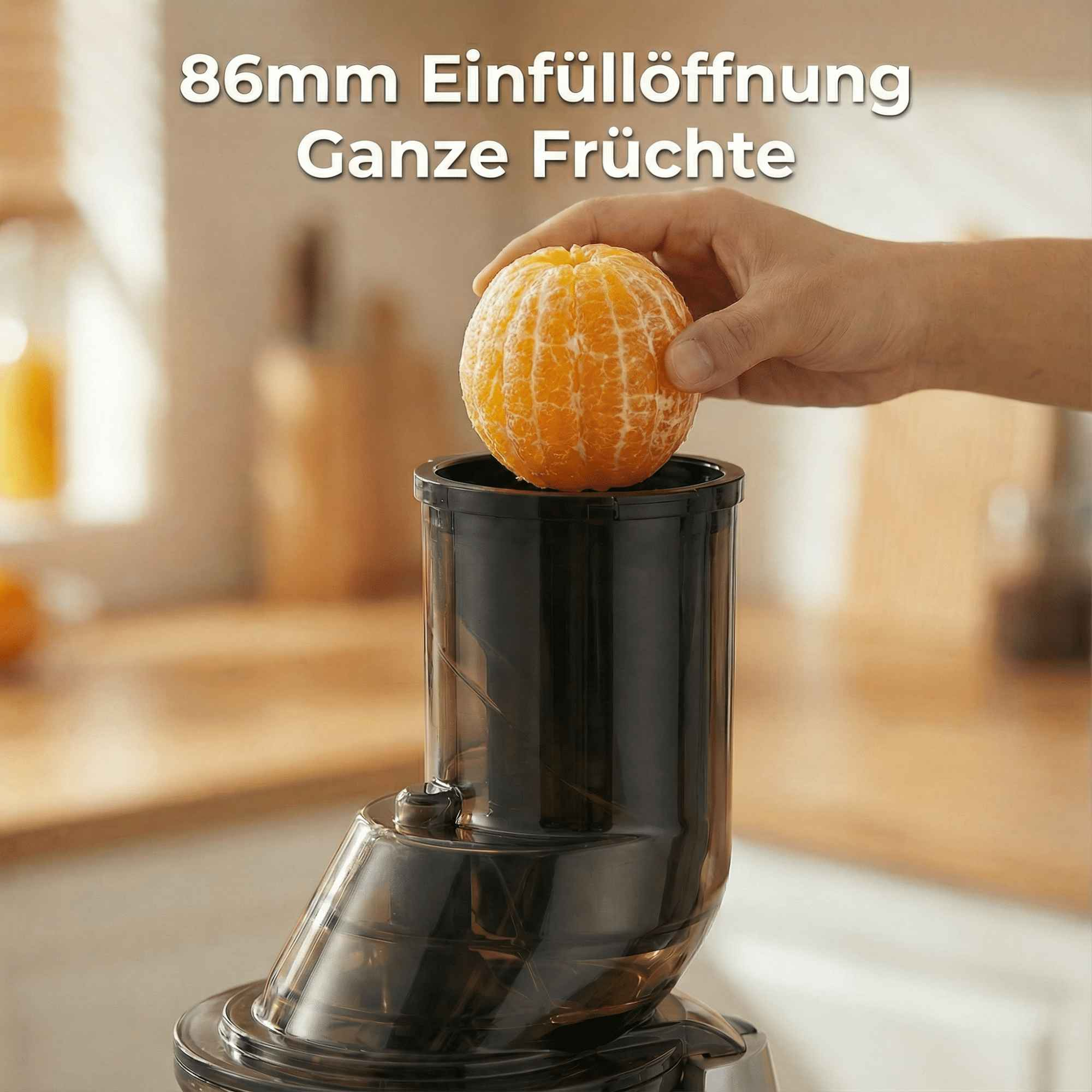 Hand legt eine geschälte Orange in einen schwarzen Entsafter. Der Entsafter steht auf Holz.