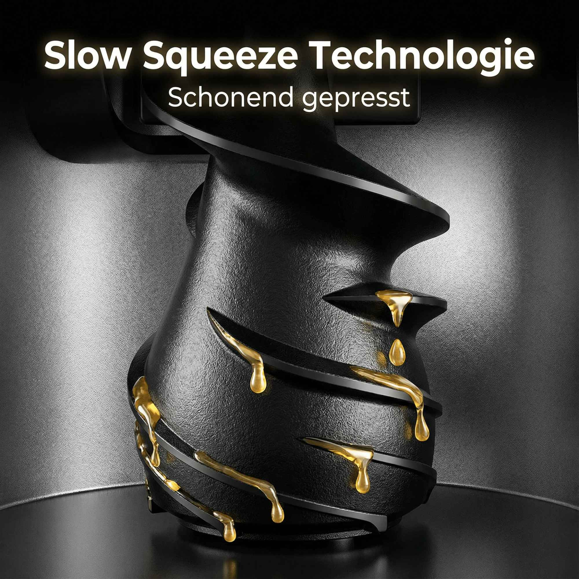 Schwarzer Entsafter mit goldener Flüssigkeit, die tropft. Text: 'Slow Squeeze Technologie' und 'Schonend gepresst'.
