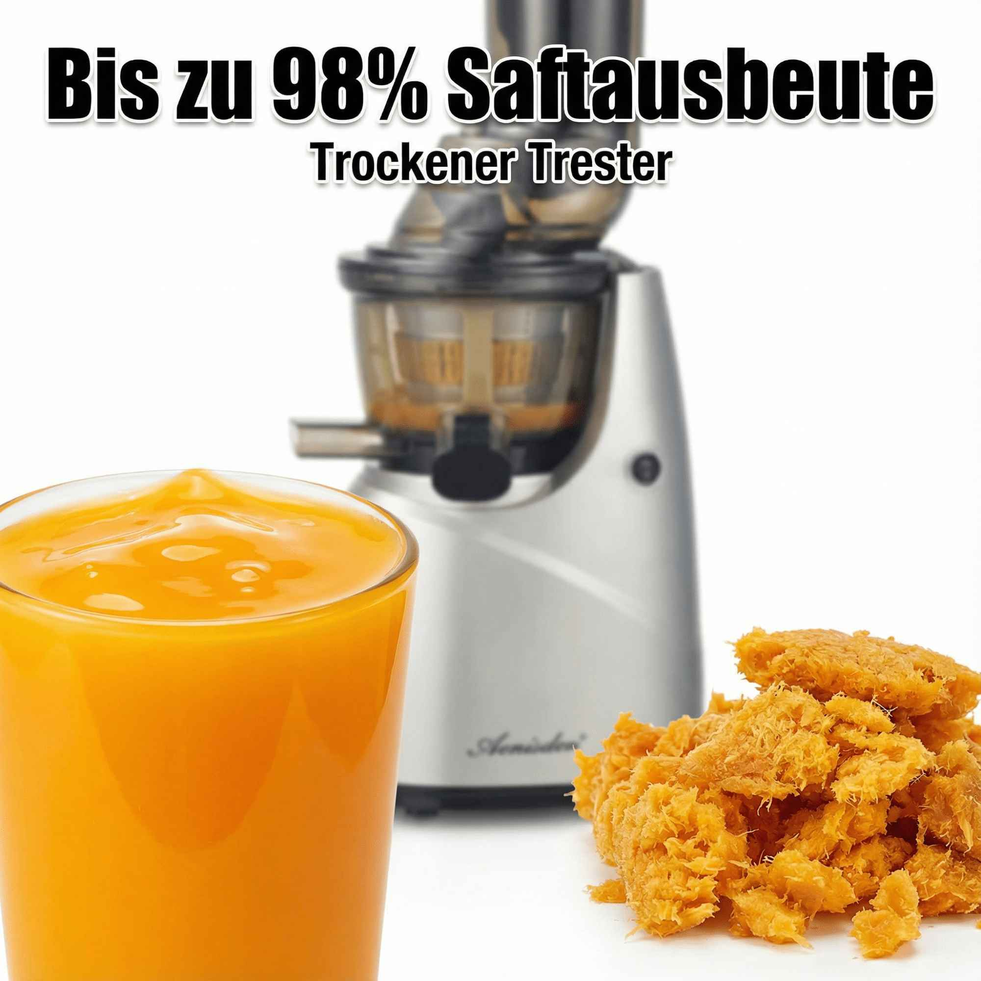 Glas Orangensaft, Entsafter und Fruchtfleisch auf weißem Hintergrund. Text: 'bis zu 98% Saftausbeute'.