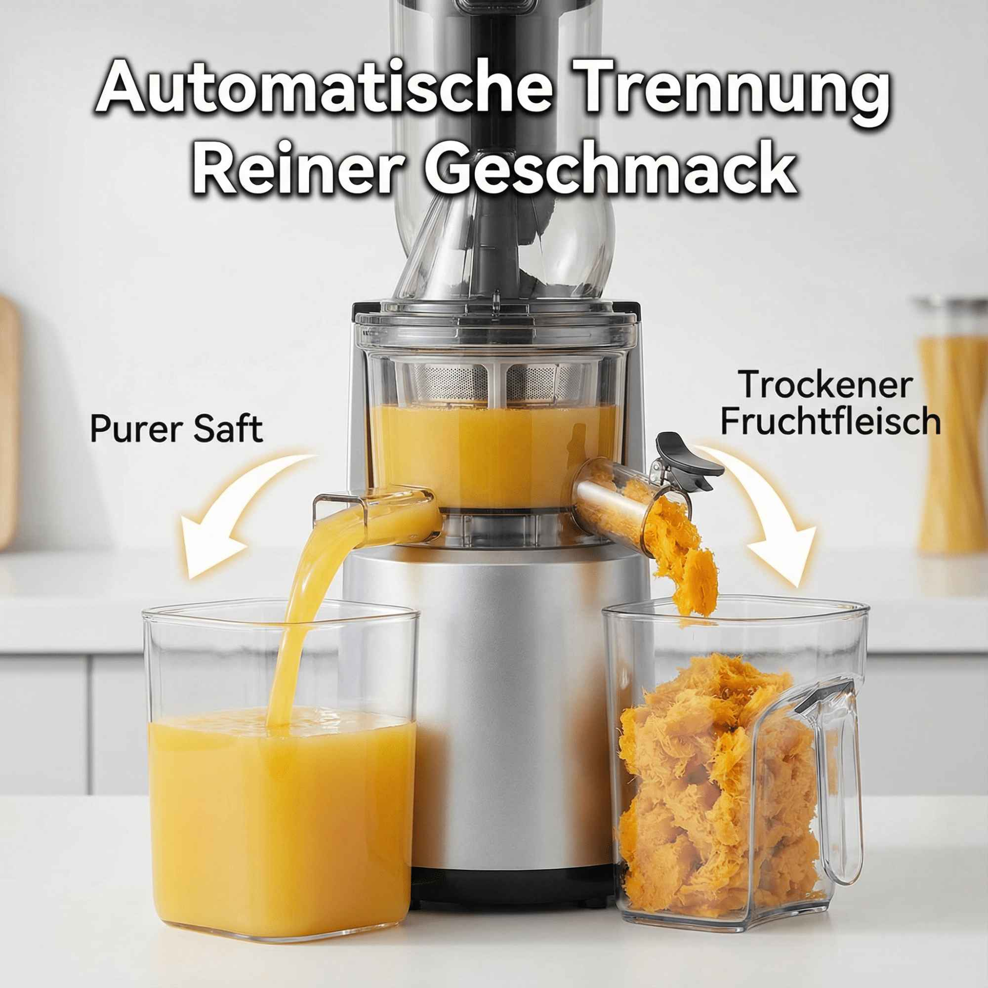 Entsafter, der Saft und Fruchtfleisch trennt. Orangensaft fließt in ein Glas. Fruchtfleisch in separatem Behälter.