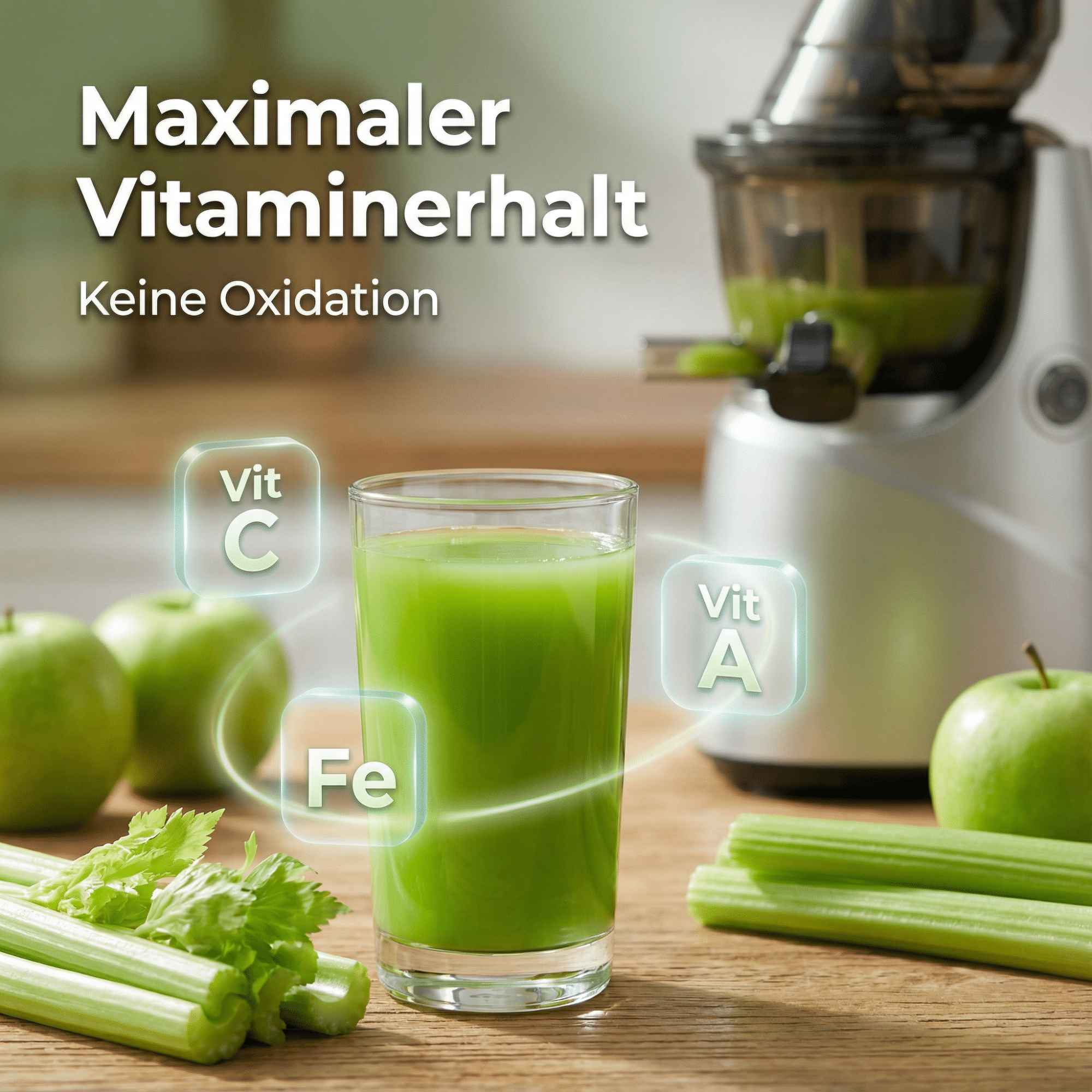 Grüner Saft in einem Glas, Sellerie, Äpfel und ein Entsafter, mit Text, der die Vitamine C, A und Eisen anzeigt.