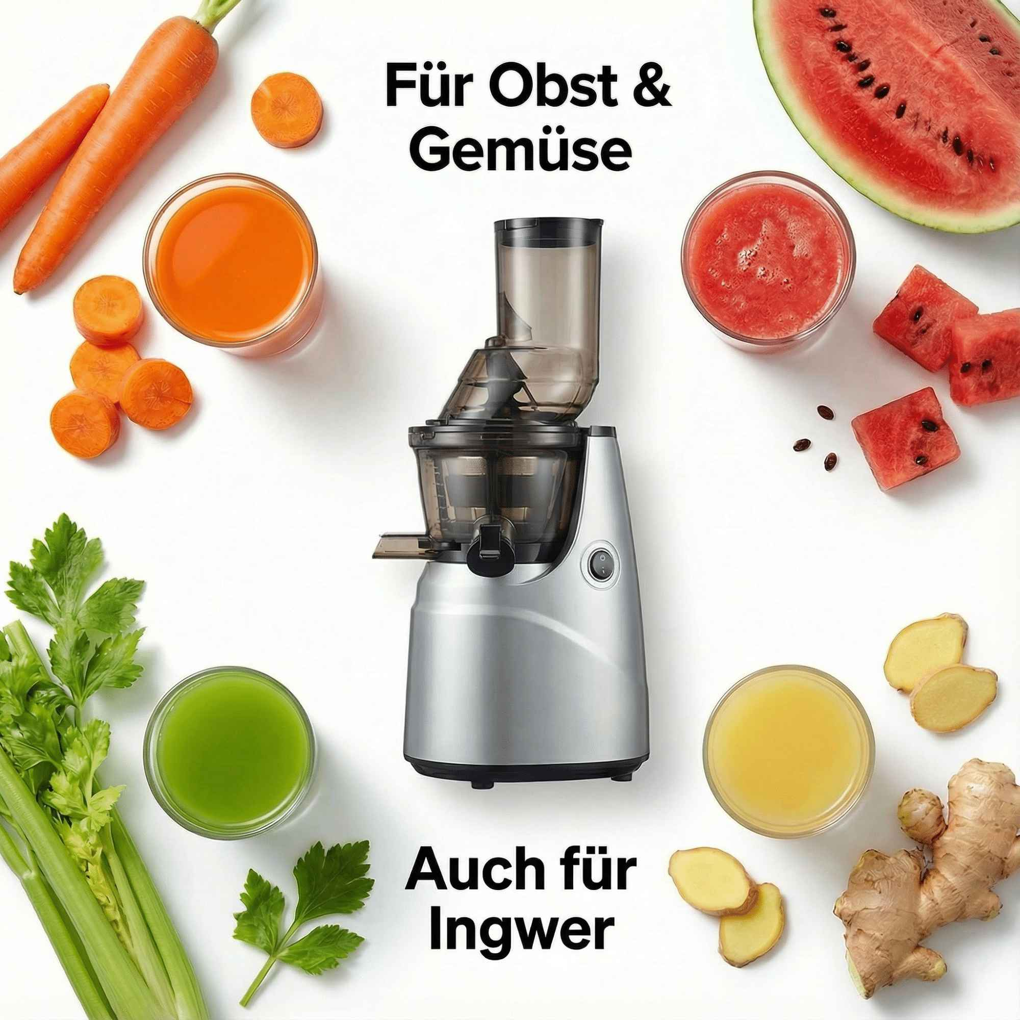 Entsafter mit Obst und Gemüse drumherum. Karotten, Wassermelone, Ingwer und Säfte sind sichtbar.
