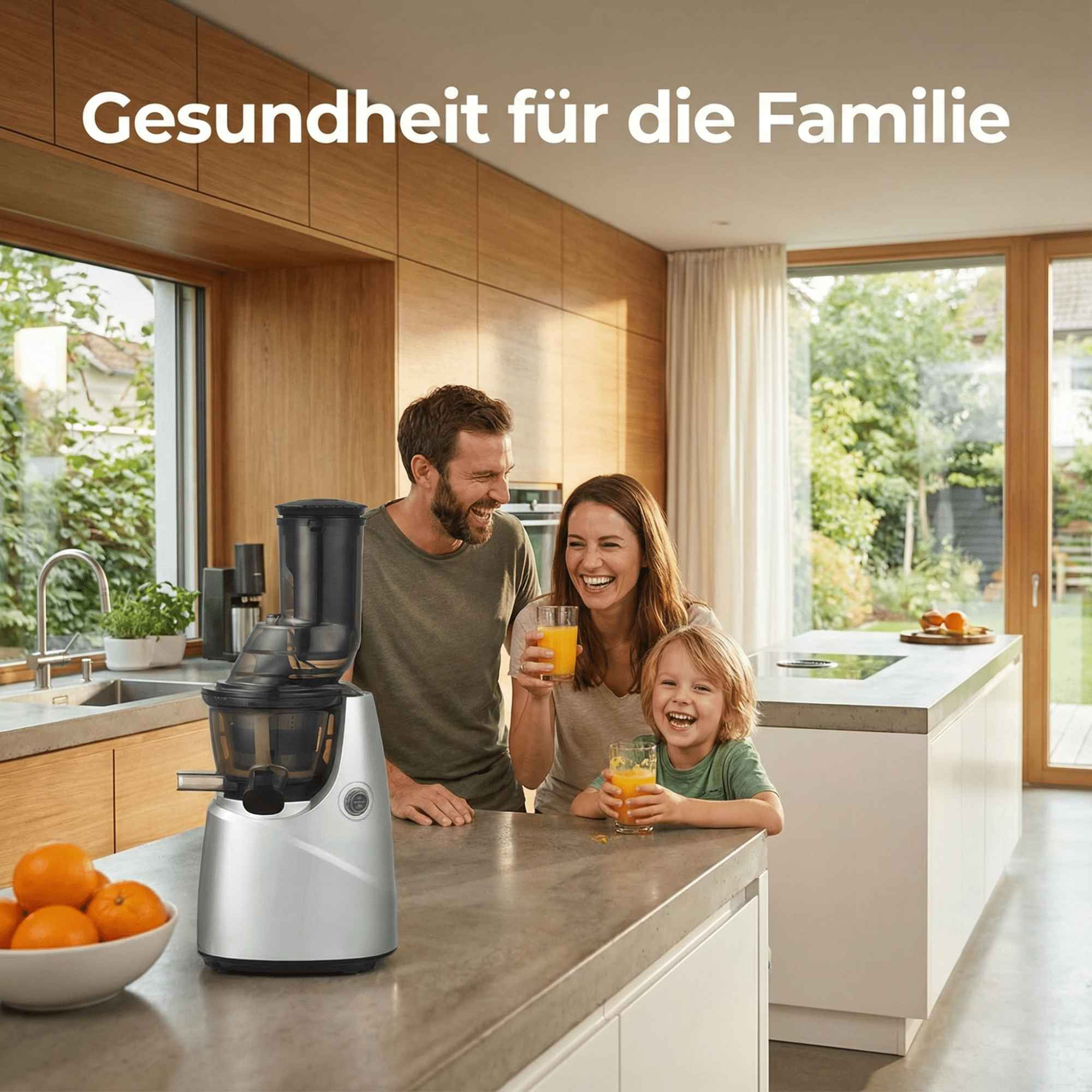 Familie lacht, hält Saftgläser. Entsafter im Vordergrund, Orangen in Schüssel. Küche mit Holzschränken.