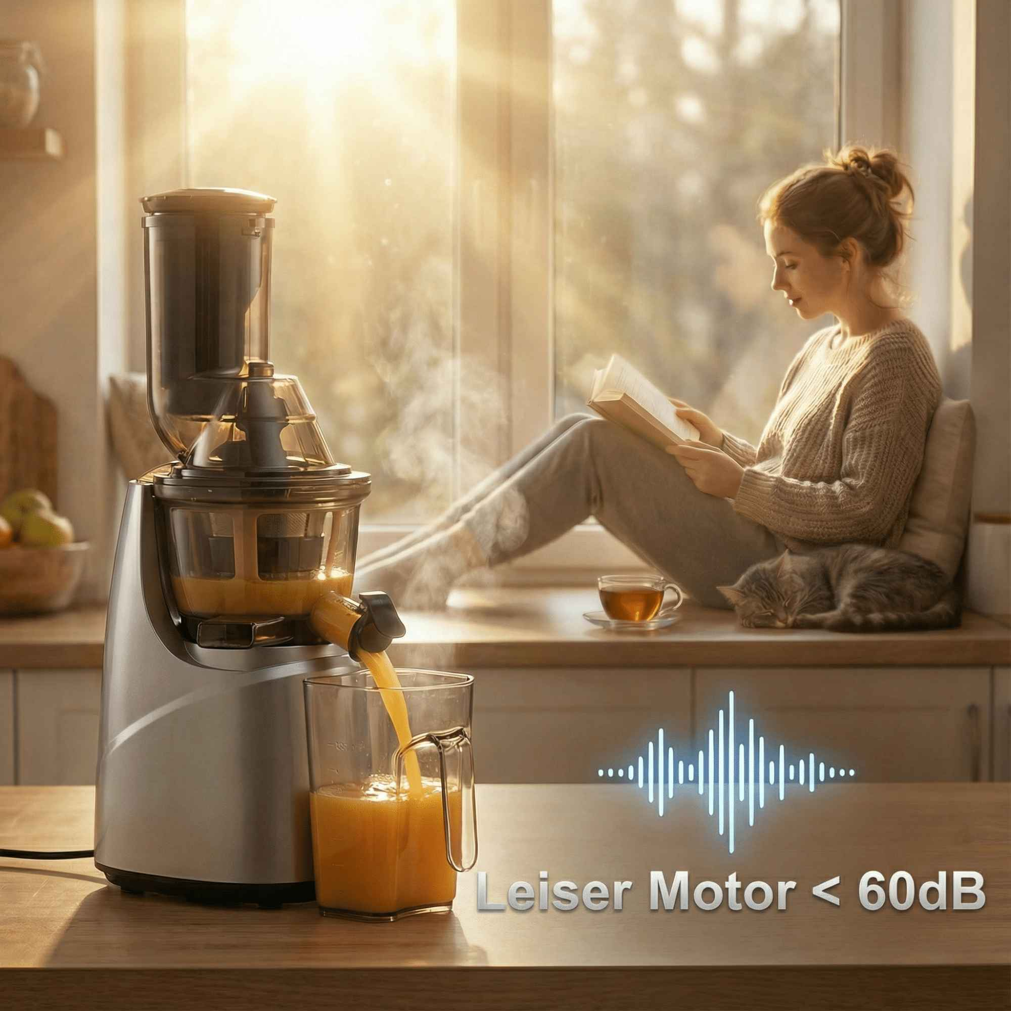 Eine Frau liest am Fenster. Ein Entsafter gießt Saft in ein Glas. Eine Katze schläft daneben. Text: Leiser Motor <lt/> 60dB.