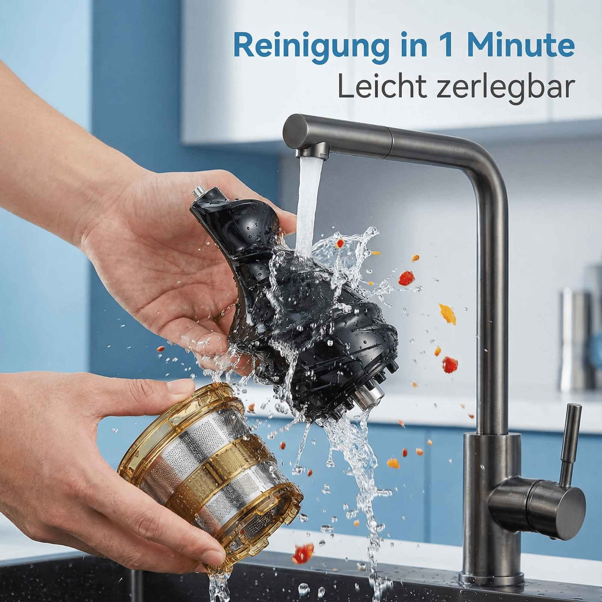 Hände waschen einen Entsafter unter einem Wasserhahn. Wasser spritzt um schwarze und goldene Teile. Blauer und weißer Hintergrund.