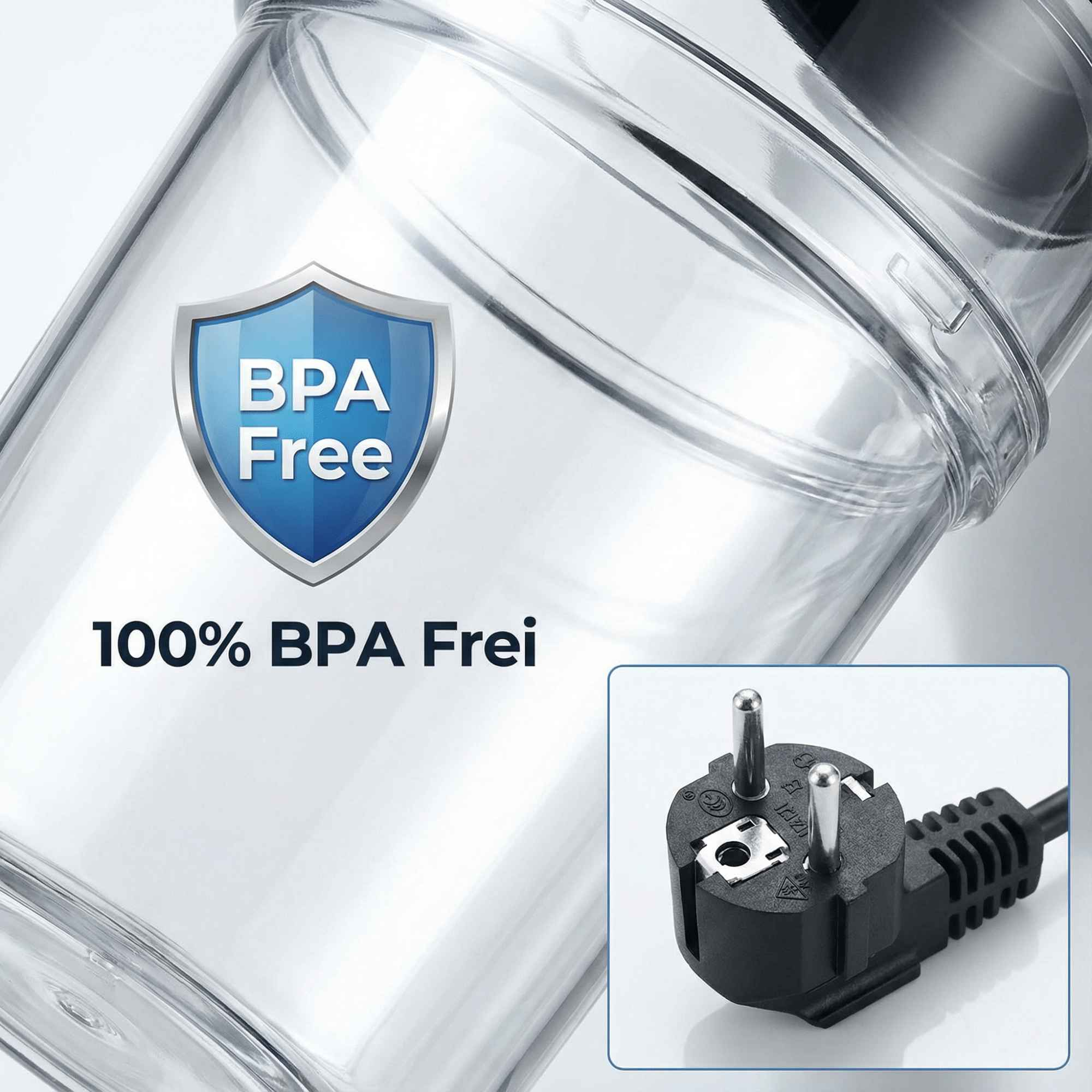 Klarer Glasbehälter mit BPA-Frei-Etikett. Ein schwarzer Netzstecker befindet sich unten rechts.