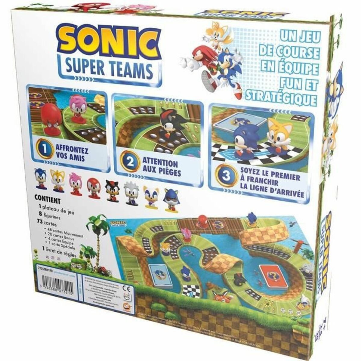 Eine Sonic Super Teams Brettspielbox. Sie zeigt das Spielbrett und die Charaktere. Text sagt 'Fun and Strategic' und 'Super Teams'.