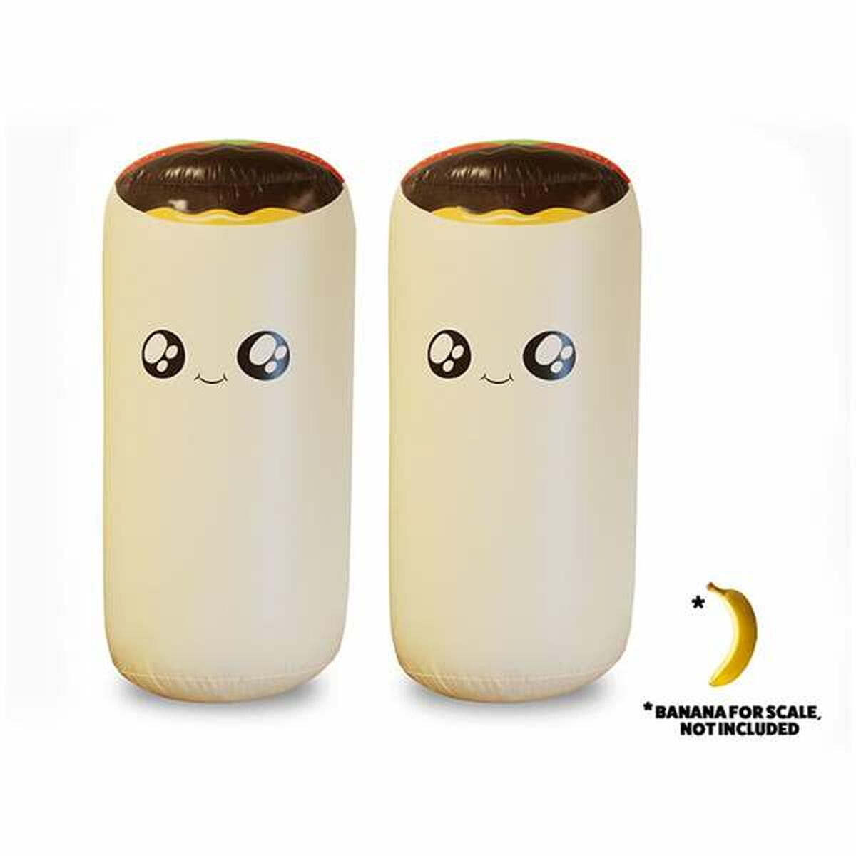 Dos juguetes inflables con forma de burrito y caras sonrientes. Se muestra un plátano como referencia de tamaño.