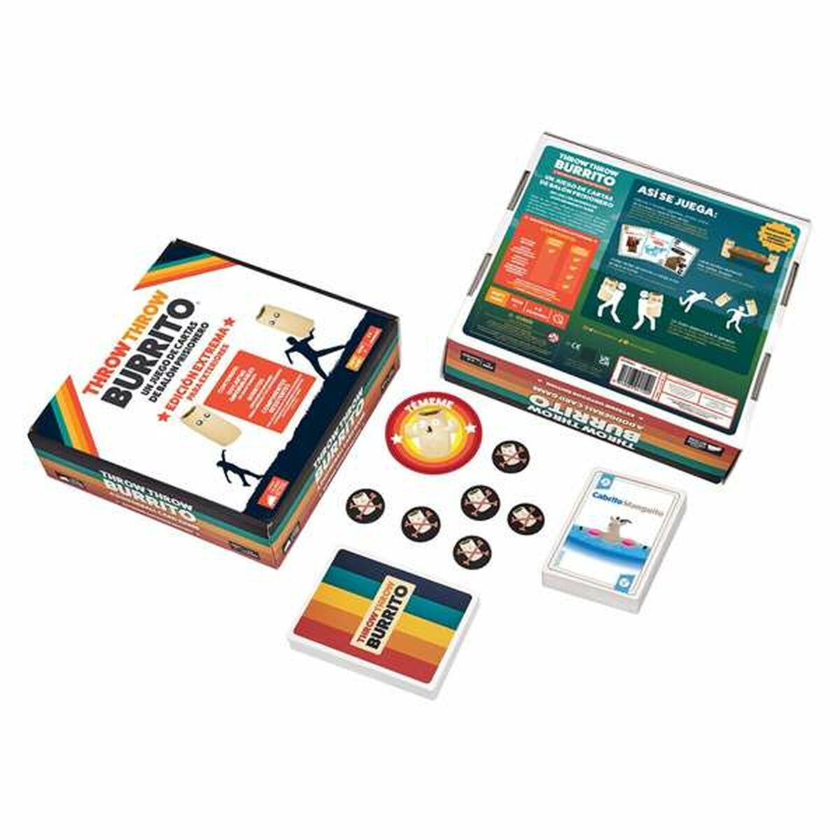 Una caja de juego, cartas y fichas están dispersas sobre una superficie blanca. La caja dice "Throw Throw Burrito."