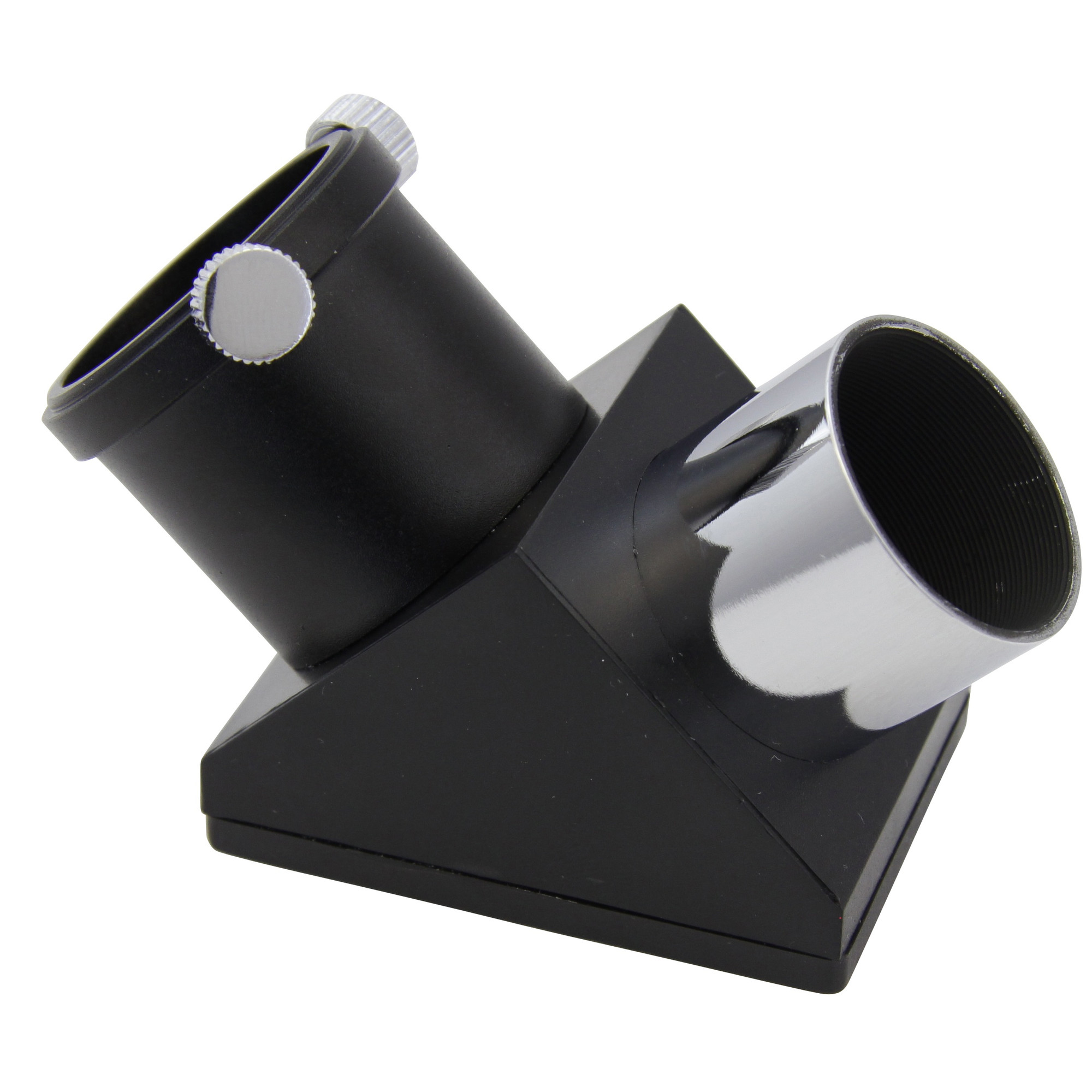 Ein schwarzes Teleskopdiagonal mit silbernen Akzenten. Es ist abgewinkelt und steht auf weißem Hintergrund.
