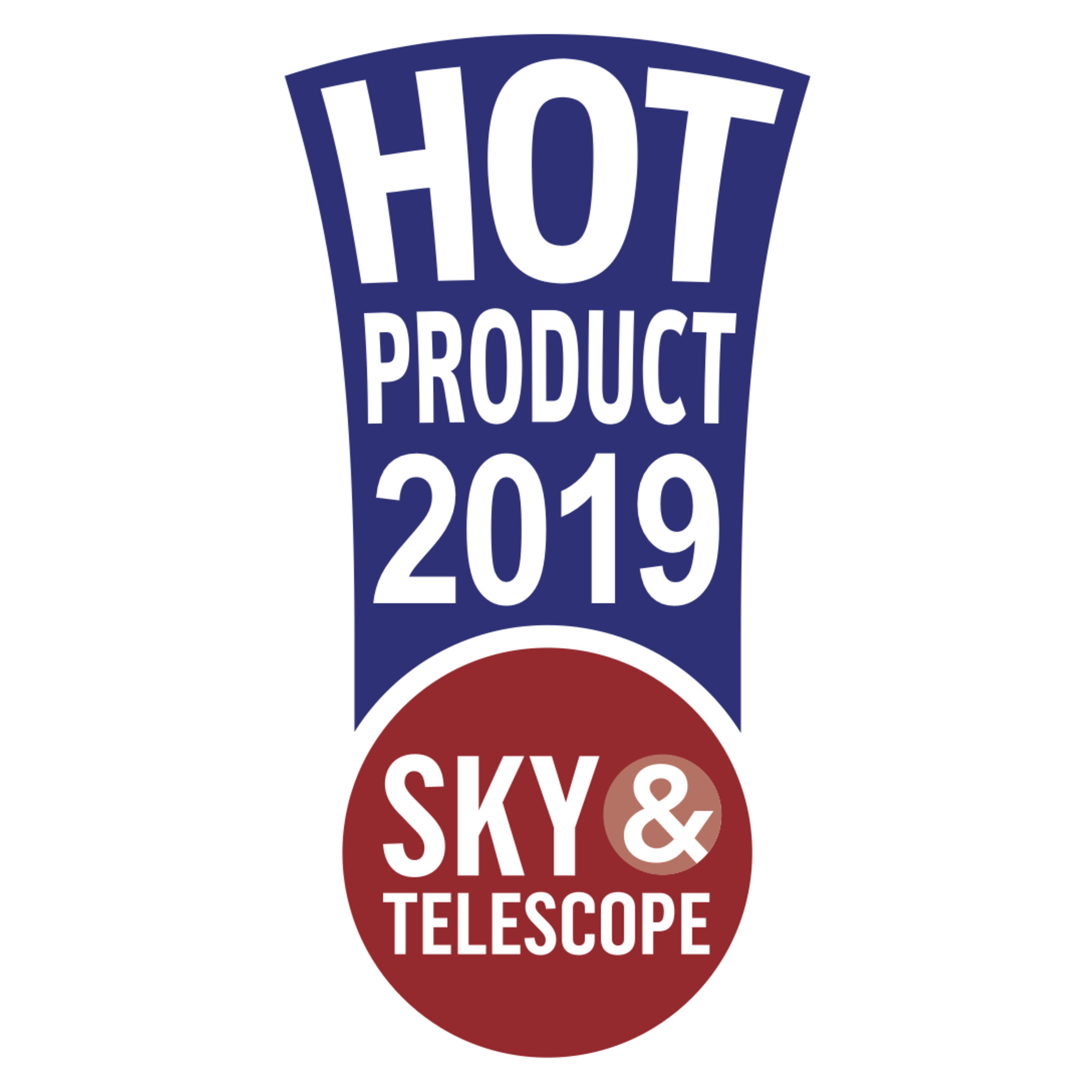 Logo mit 'HOT PRODUCT 2019' in Weiß auf blauem Grund. 'SKY & TELESCOPE' ist in Weiß auf einem roten Kreis.