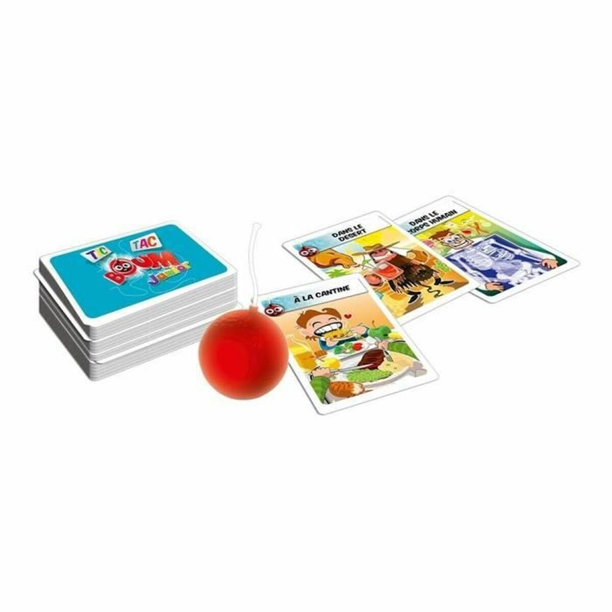 Een spel met kaarten, een rode bal en een stapel kaarten. De kaarten hebben illustraties en Franse tekst.