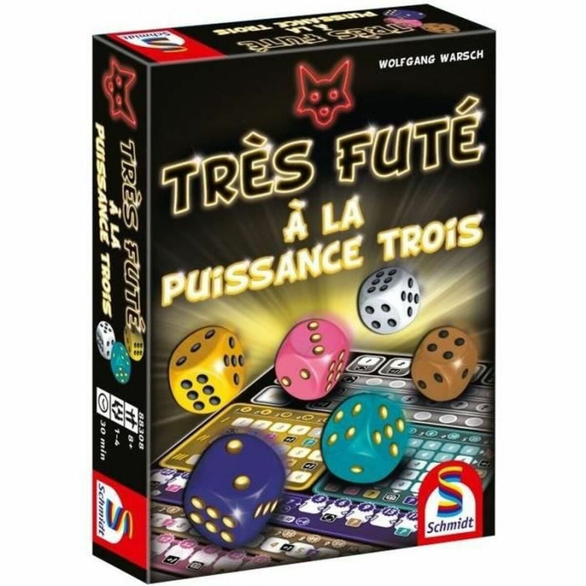 Een speldoos getiteld 'Très Futé à la Puissance Trois', met dobbelstenen en een spelbord. Kleuren zijn zwart, geel, roze en blauw.