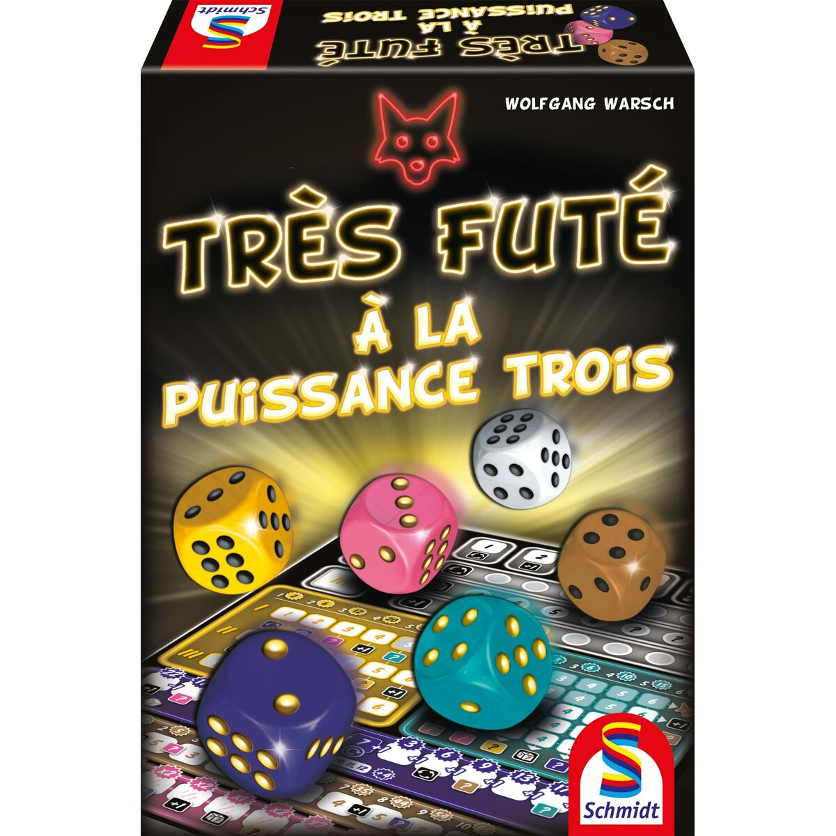 De doos voor het bordspel 'Très Futé' toont dobbelstenen, spelborden en de titel van het spel. Kleuren zijn geel, roze, blauw en bruin.