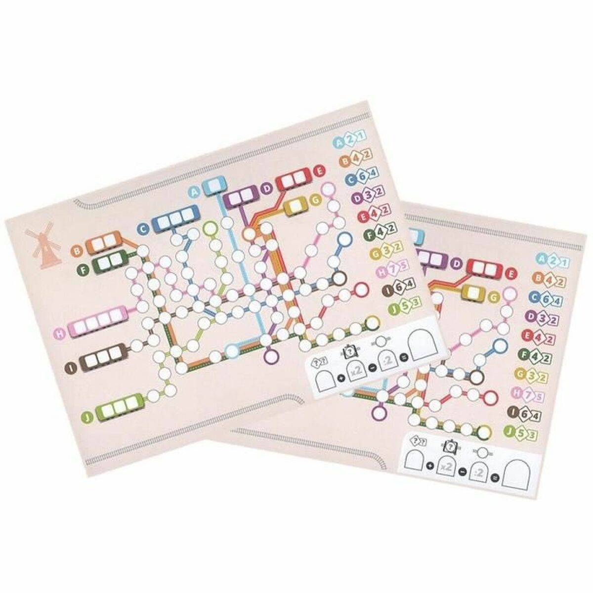 Twee spelborden met een kleurrijke metrokaart, stations en treinsymbolen. De achtergrond is lichtroze.