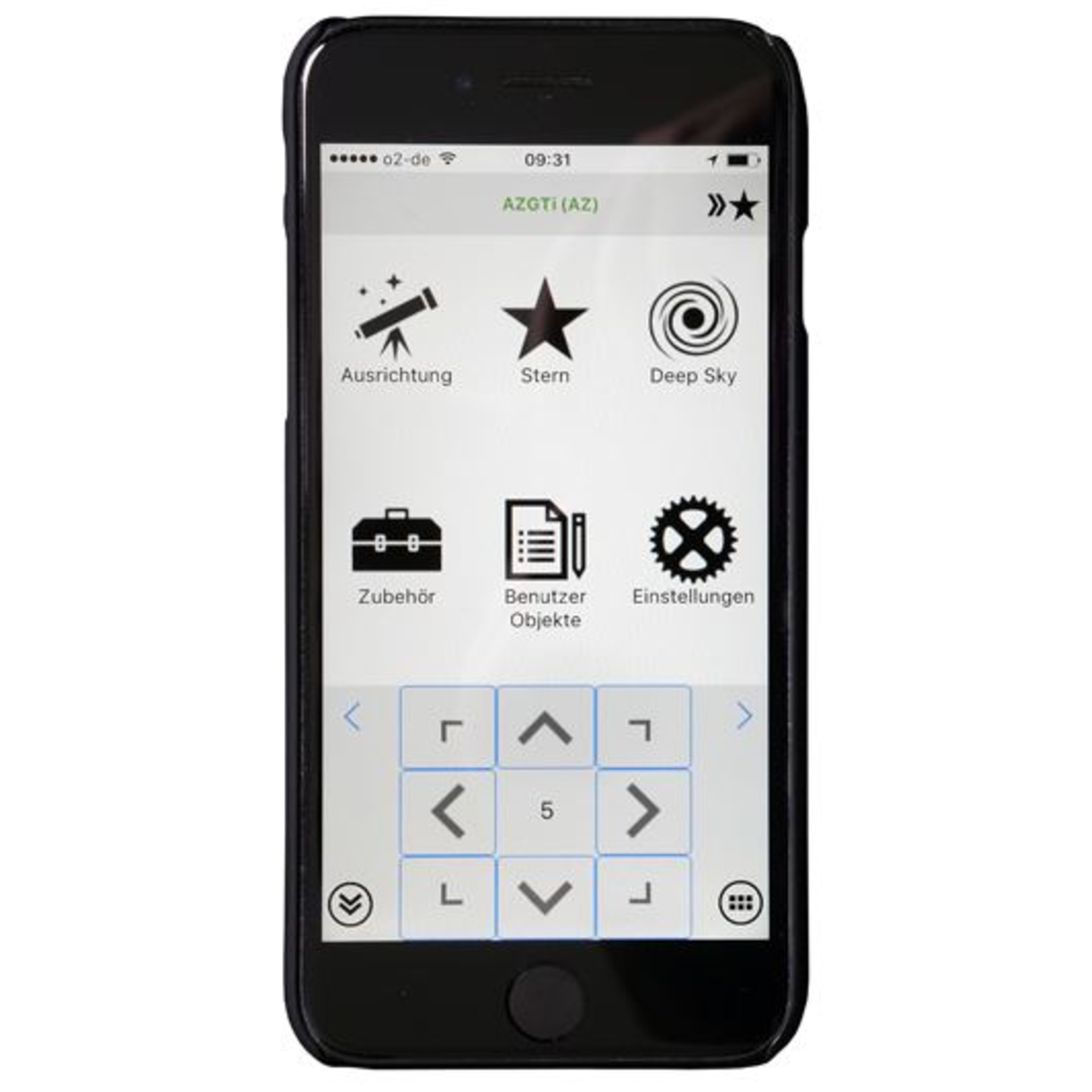 Smartphone-Bildschirm mit App-Oberfläche mit Symbolen für Ausrichtung, Stern und Deep Sky. Steuerung unten.