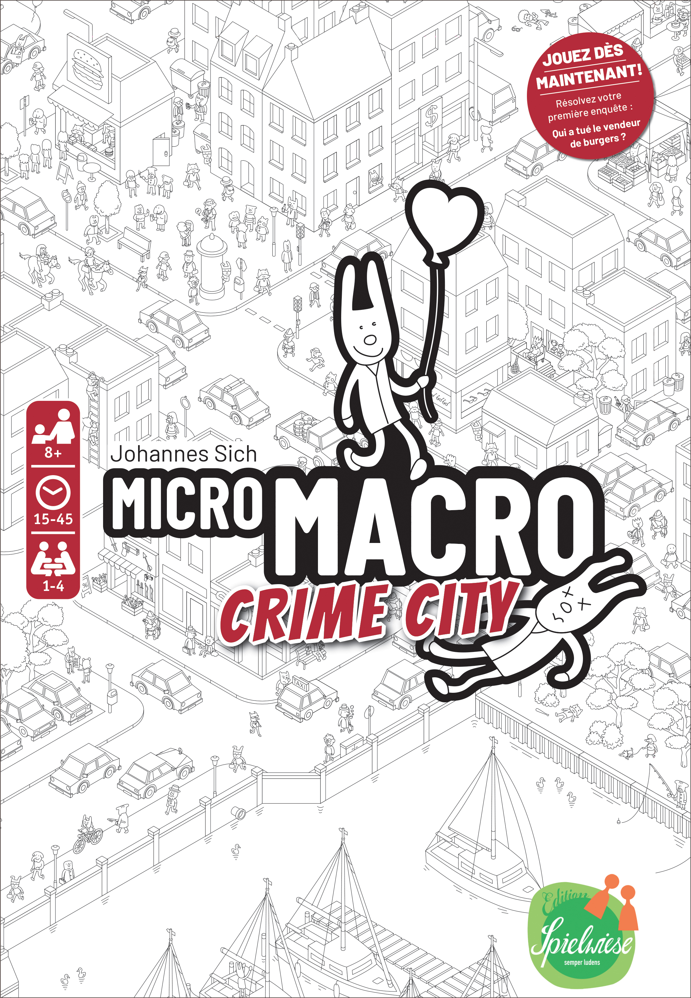 Spielbox mit Stadtszene, Hasenfigur mit Herzballon und Text 'Micro Macro Crime City'.