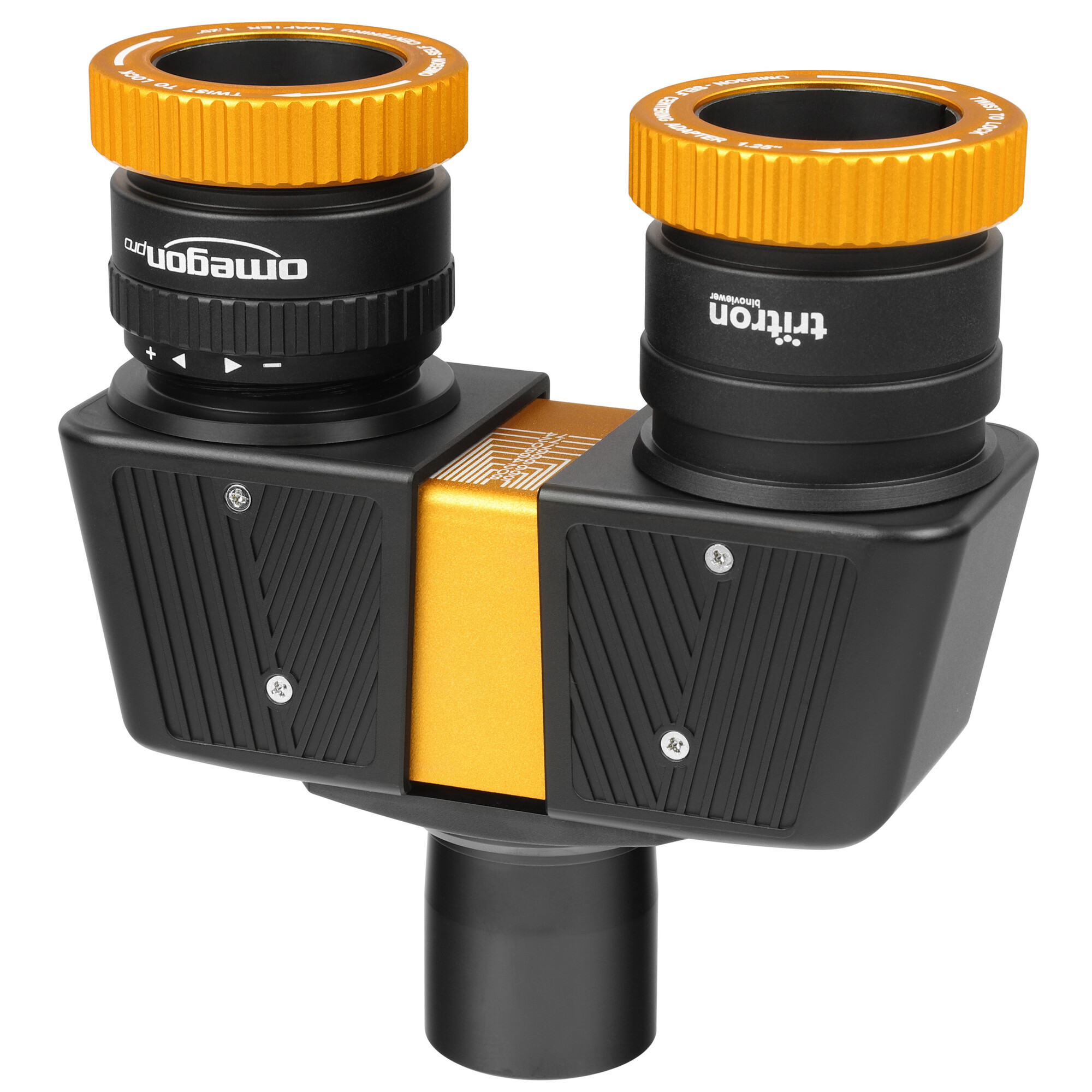 Ein Binoviewer mit zwei Okularen. Jedes hat einen schwarzen Körper und einen orangen Ring. Er ruht auf einer schwarzen Basis.