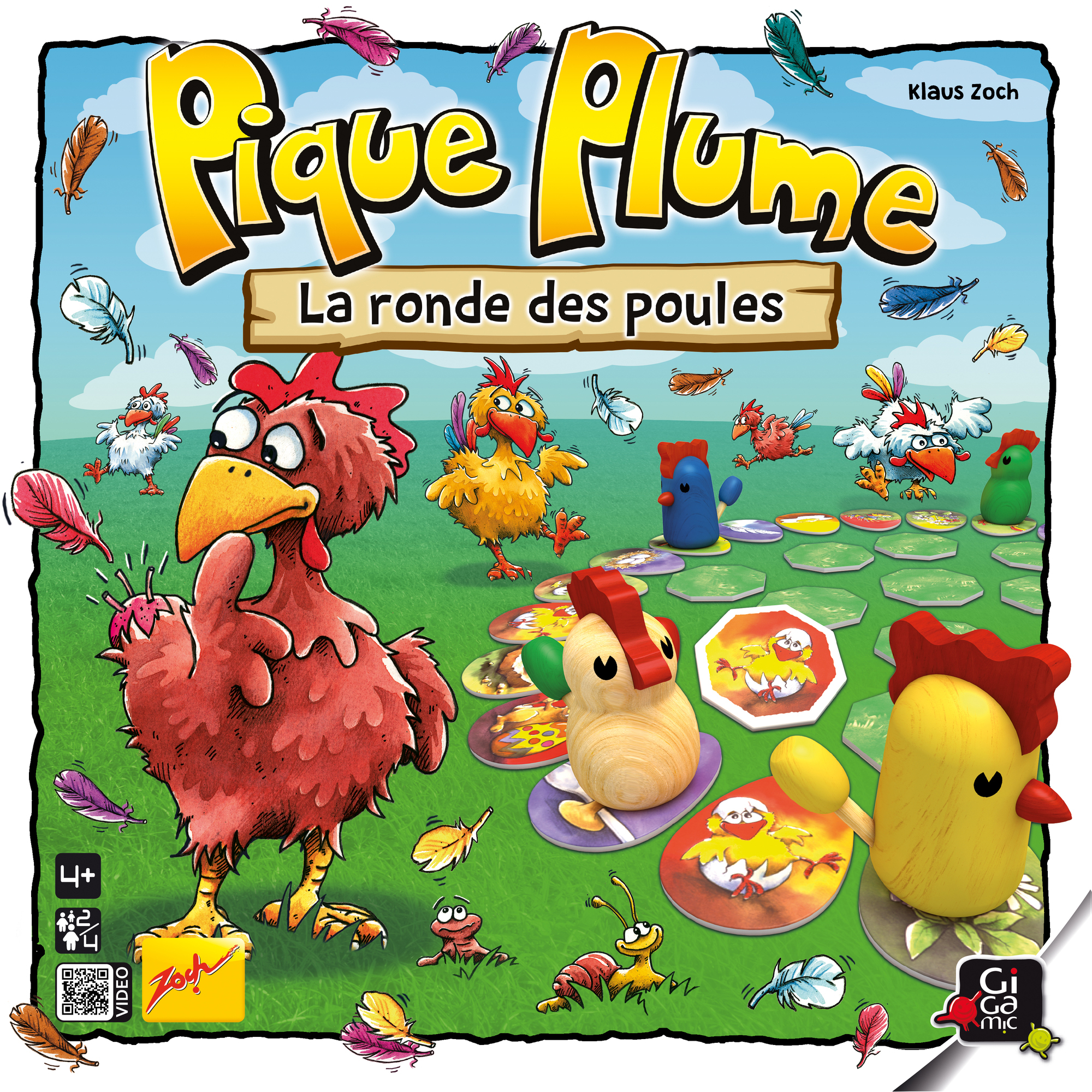 Brettspiel-Cover. Titel: Pique Plume. Hühner und Federn auf grünem Gras. Blauer Himmel im Hintergrund.