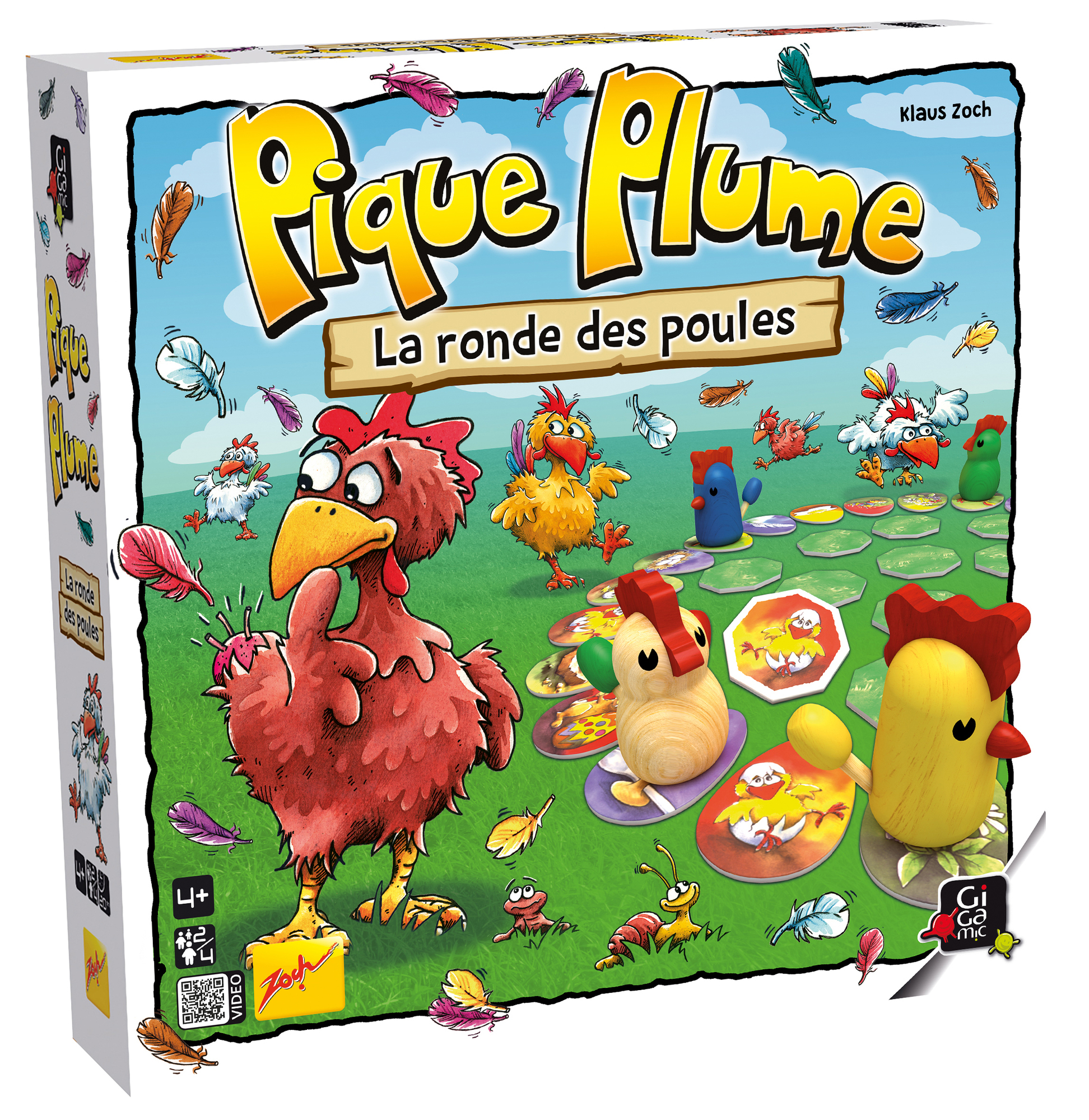 Spielbox mit Cartoon-Hühnern und Federn. Titel: Pique Plume. Hühner auf grünem Gras, blauer Himmel im Hintergrund.