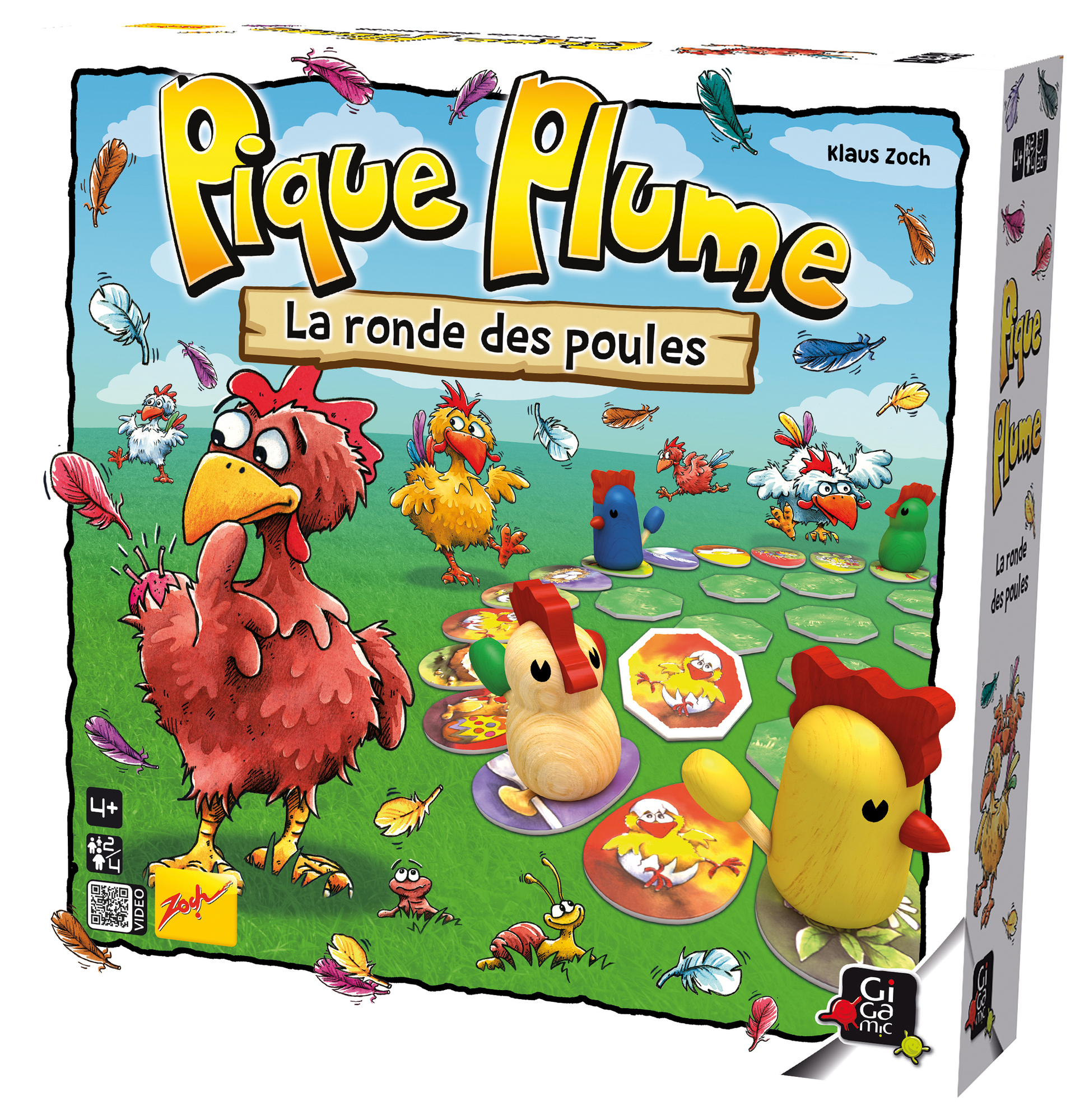 Eine Spielbox mit Hühnern und Federn. Das Spiel heißt Pique Plume. Die Box zeigt Spielsteine und Figuren.
