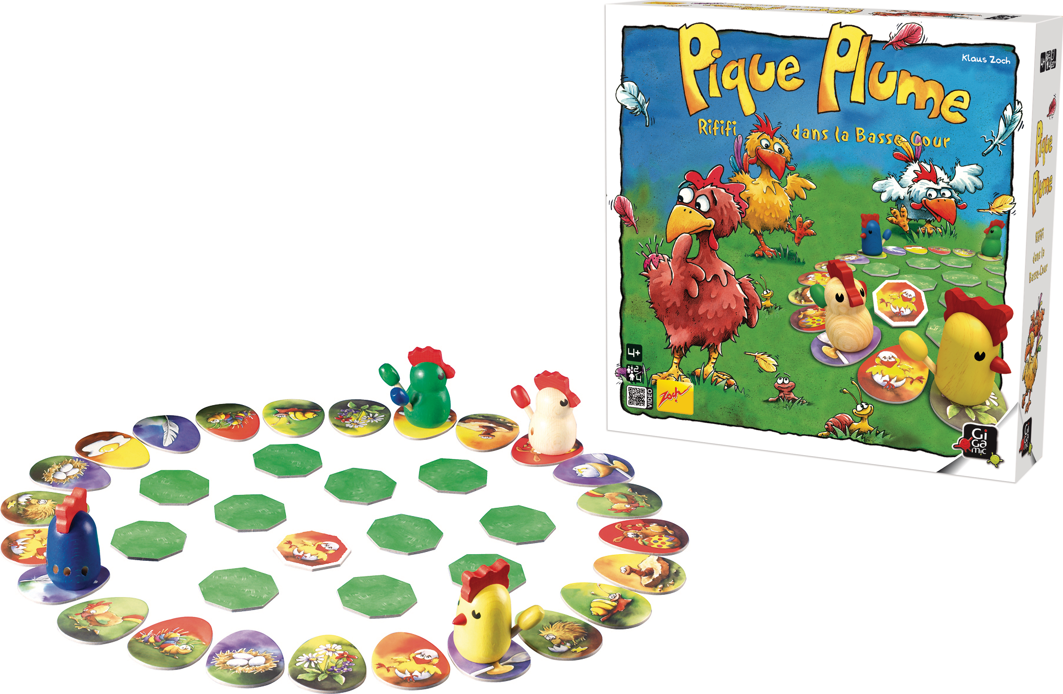 Brettspiel 'Pique Plume'. Hühner und Spielsteine auf einem Tisch, Box-Art zeigt Hühner auf einem Feld.