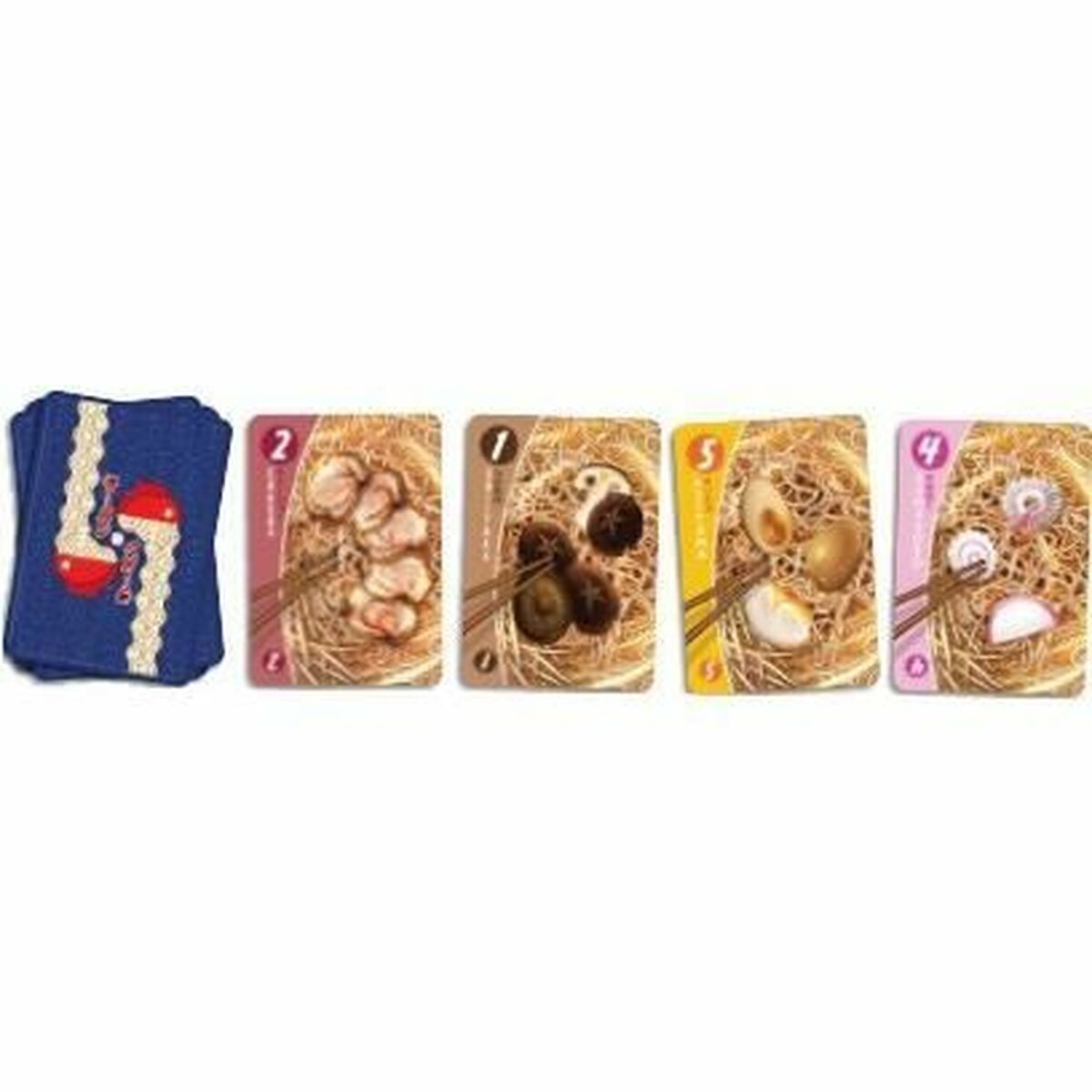 Karten mit verschiedenen Lebensmittel-Illustrationen und Zahlen. Links ein Kartendeck. Die Karten zeigen Eier und Pilze.