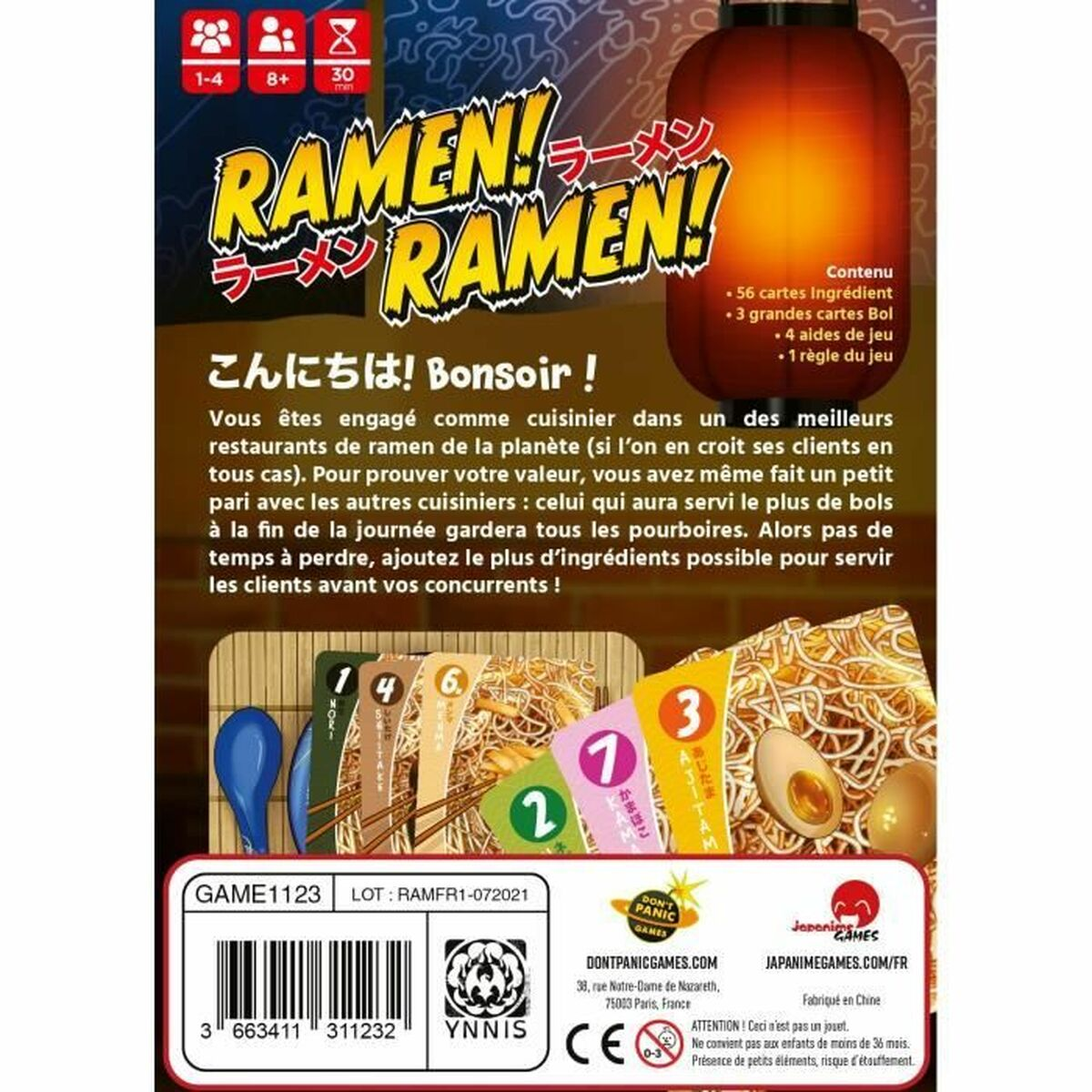 Ramen-Brettspielbox. Text und Grafiken auf Japanisch und Französisch. Enthält Karten, Schalen, Spielhilfen und Regeln.