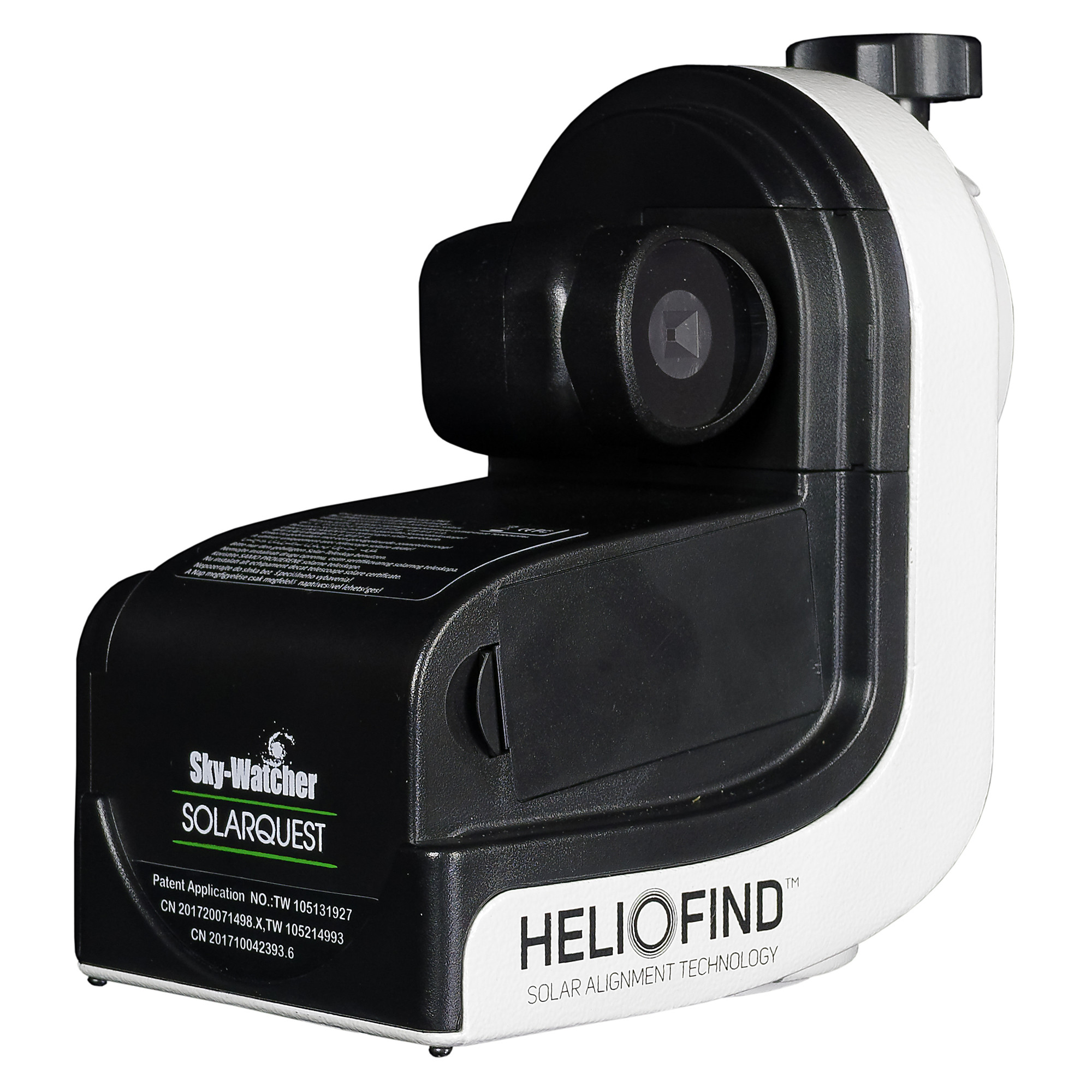 Ein Sky-Watcher Solarquest-Gerät. Es ist schwarz und weiß, mit Linse und Einstellknöpfen. Text: 'HELIOFIND'.