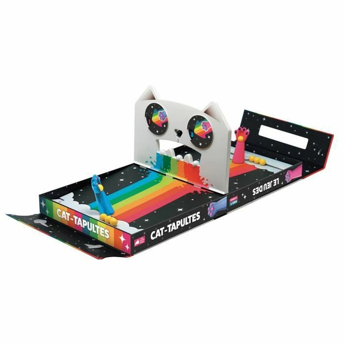 Een katvormig spel met een regenboogbaan. Het heeft een blauwe katapult, een roze handvormige lanceerder en gele ballen. Het spel heet 'CAT-TAPULTES'.