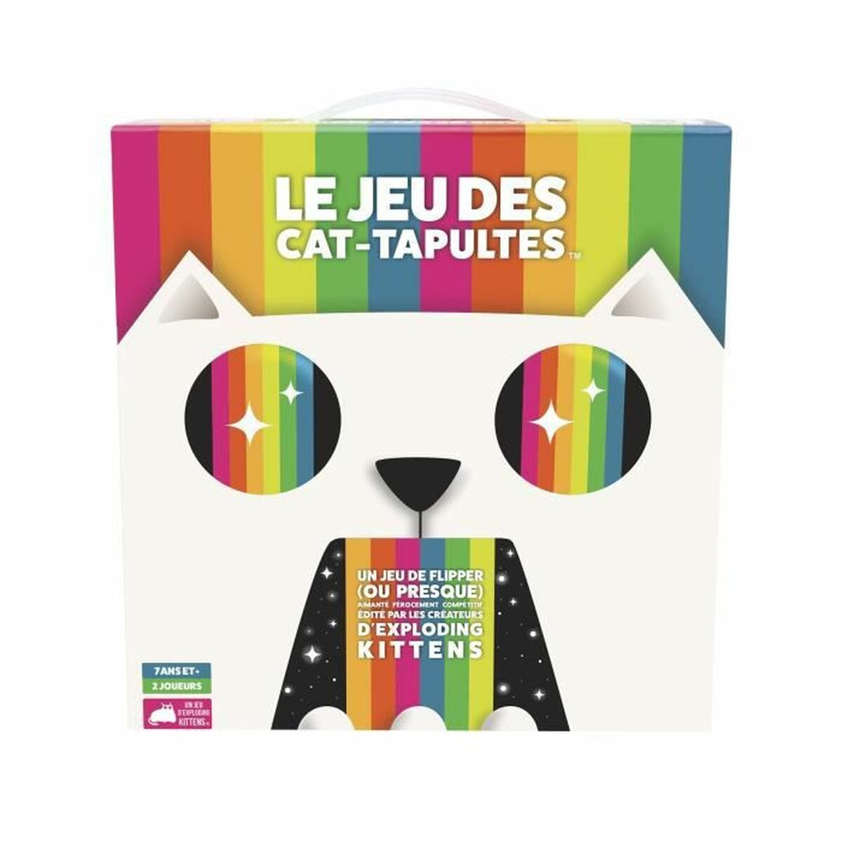 Dooskunst voor 'Le Jeu des Cat-Tapultes'. Het heeft een kattenontwerp met regenboogogen. De tekst zegt 'Exploding Kittens'.
