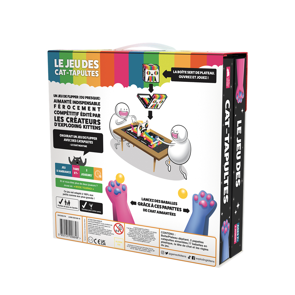 Een speldoos met cartoonillustraties. Twee figuren spelen met een tafel. Kattenpoten en ballen zijn ook zichtbaar.
