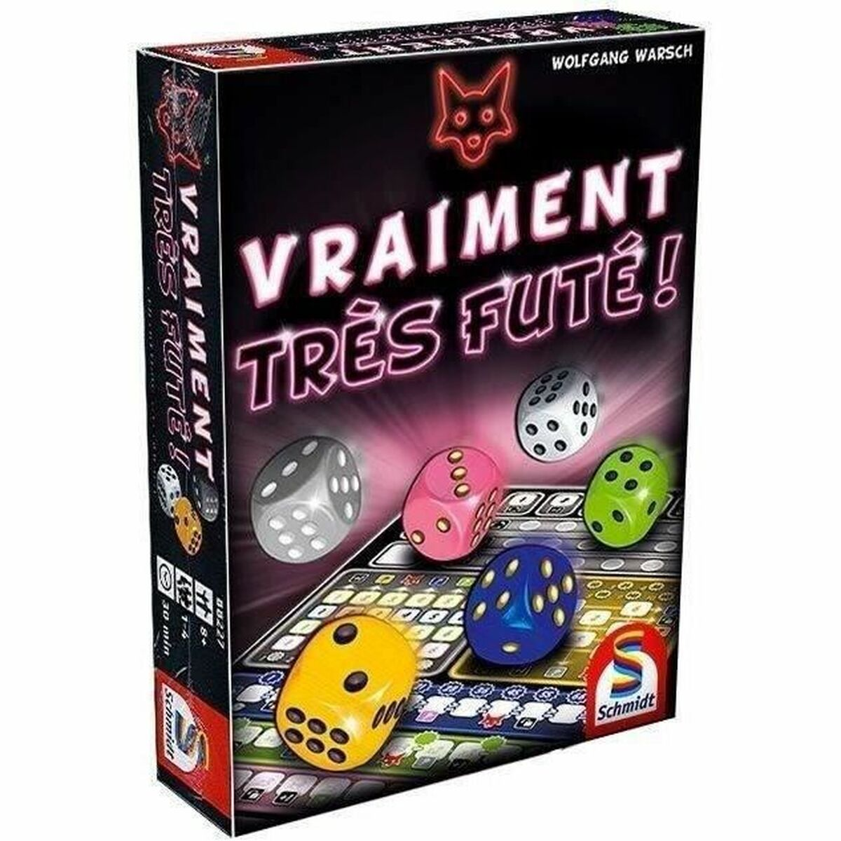 Een speldoos met de titel 'VRAIMENT TRÈS FUTÉ!' met dobbelstenen en een bord. Kleuren zijn zwart, roze, geel, blauw, groen en wit.