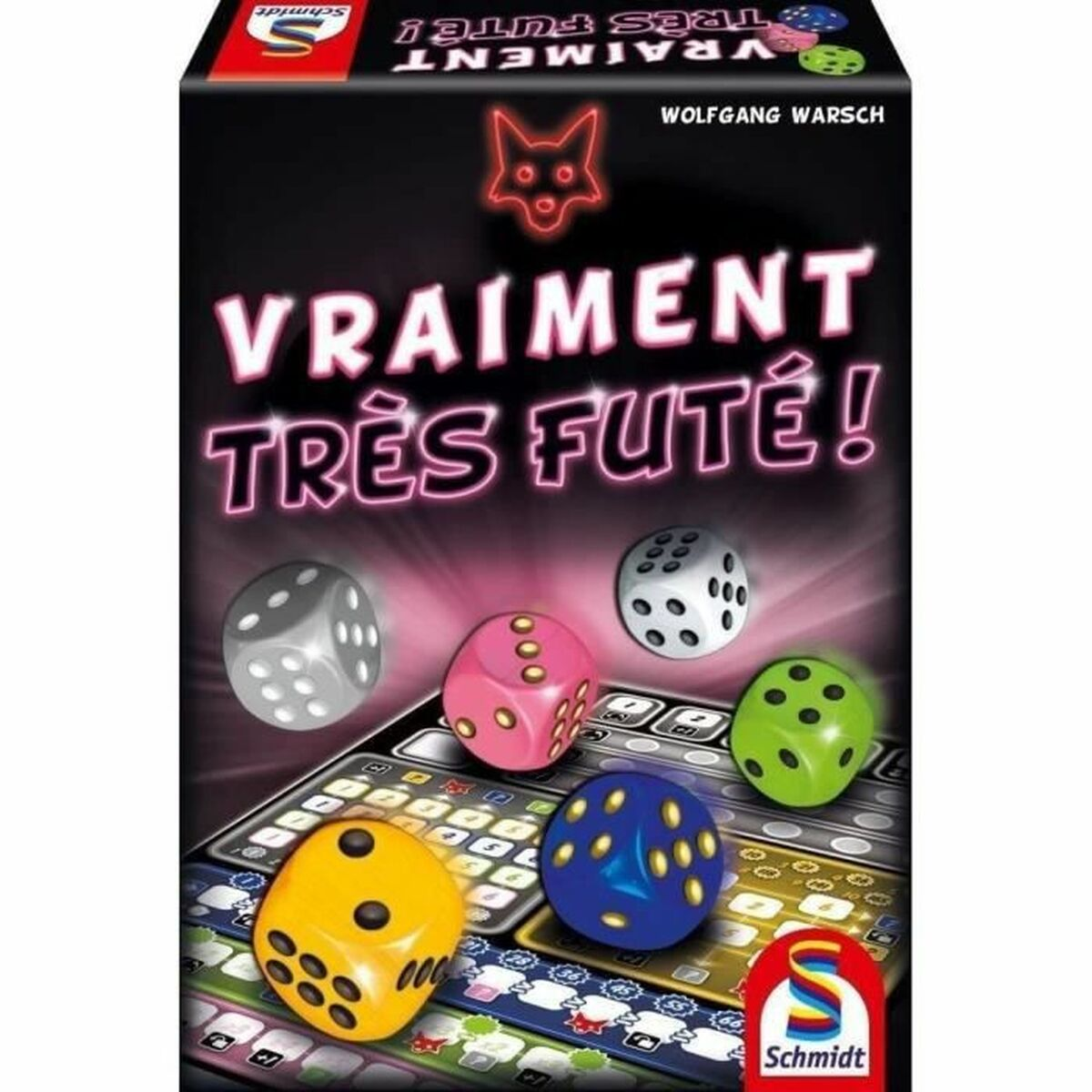 Doos van het spel 'Vraiment Très Futé!' met dobbelstenen. Grijze, roze, witte, groene, gele en blauwe dobbelstenen op een spelbord. Schmidt logo.